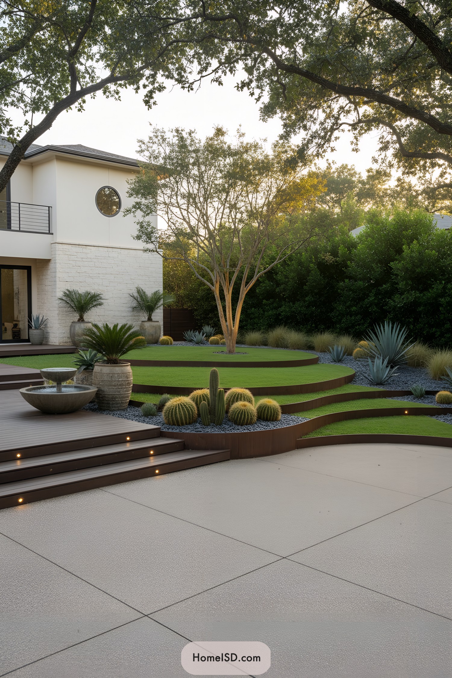 Layered lawn terraces with cacti and agaves