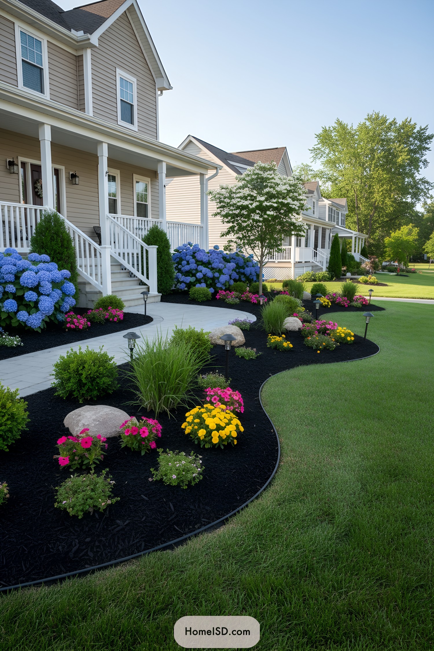 Curved front-yard border with bright flowers and dark mulch