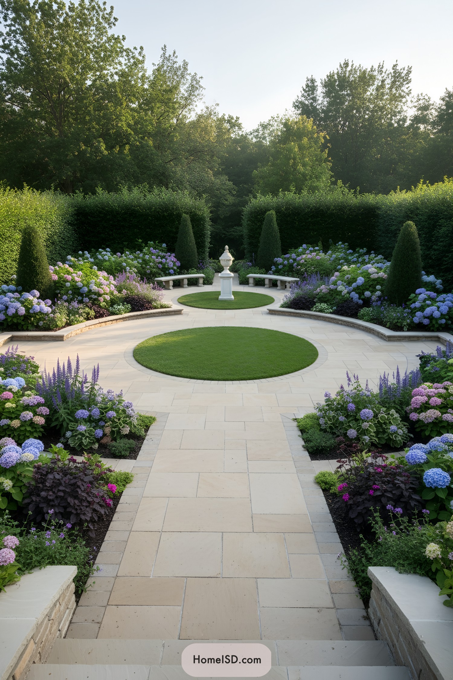 Formal circular lawn with urn, hydrangea borders