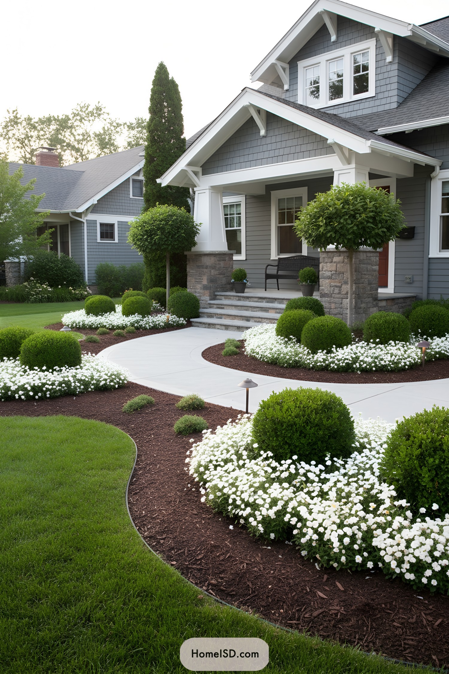 Curved front path bordered by boxwoods and white flowers