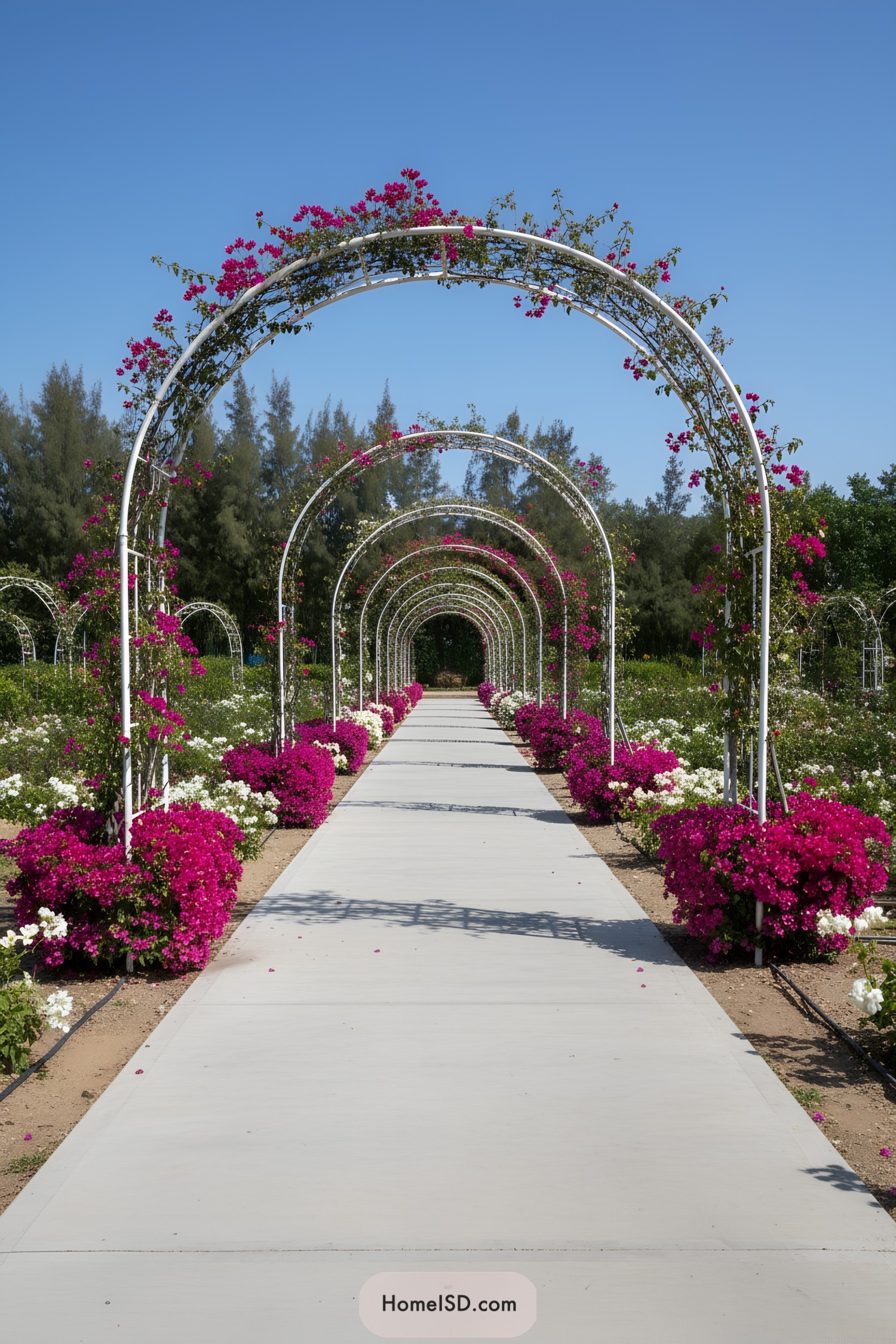 White metal arches draped with pink bougainvillea