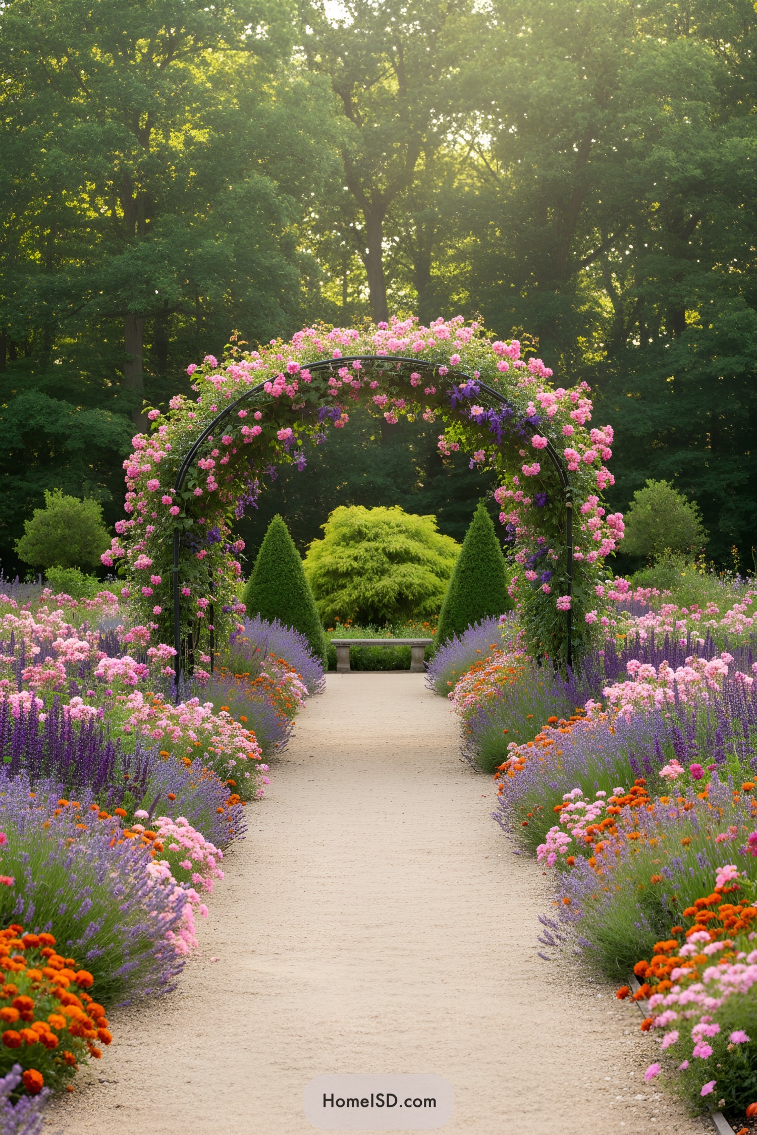 Pink rose arch over gravel path with lavender borders