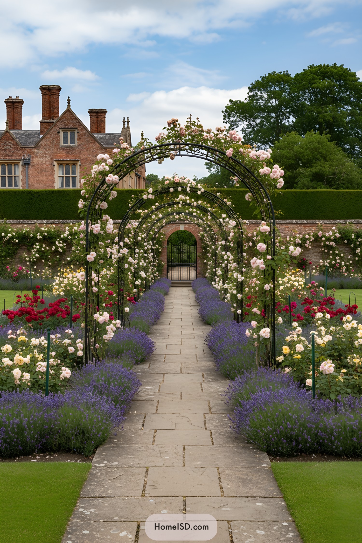 Arched metal trellis with pale roses over a stone path flanked by lavender and mixed roses