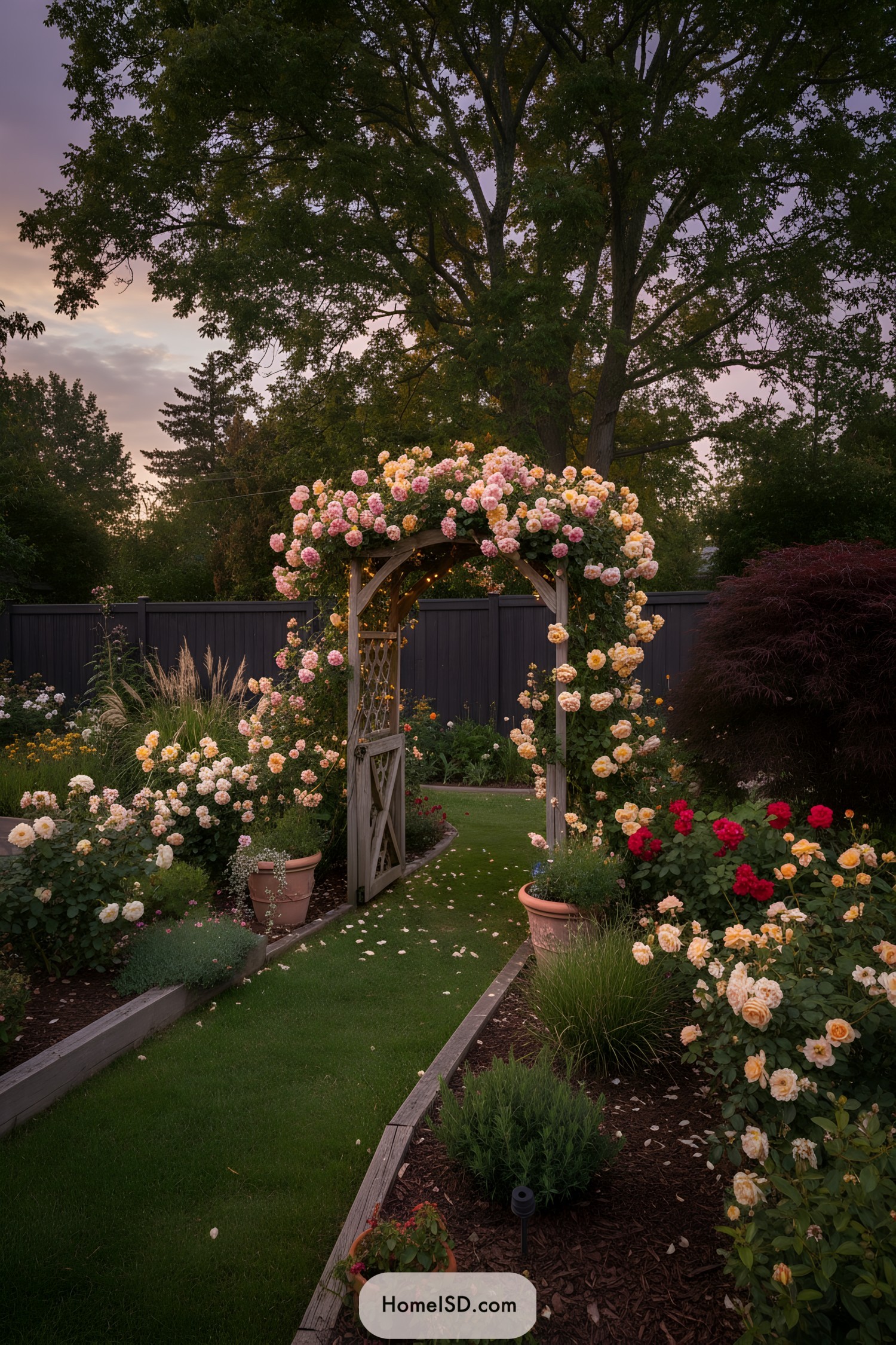 Arched wooden trellis covered in pastel roses at dusk