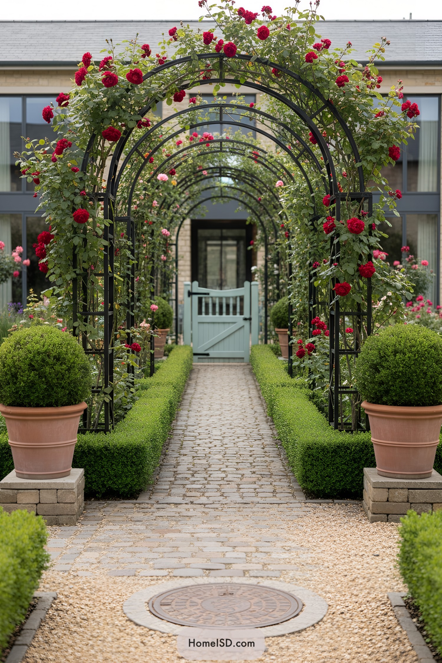 Arched metal rose trellis over cobblestone path with boxwood borders and mint gate