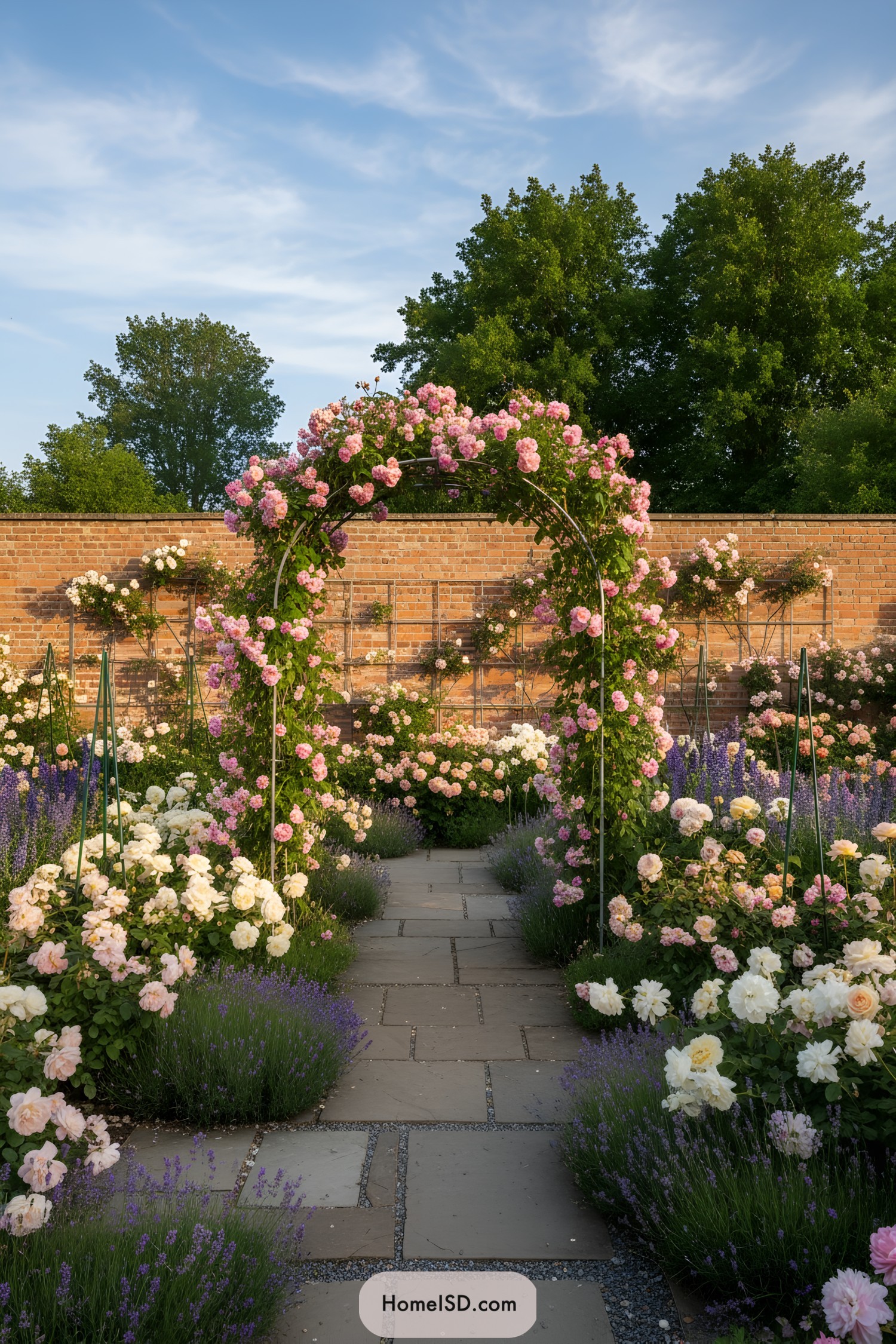 Pink rose arch in formal garden