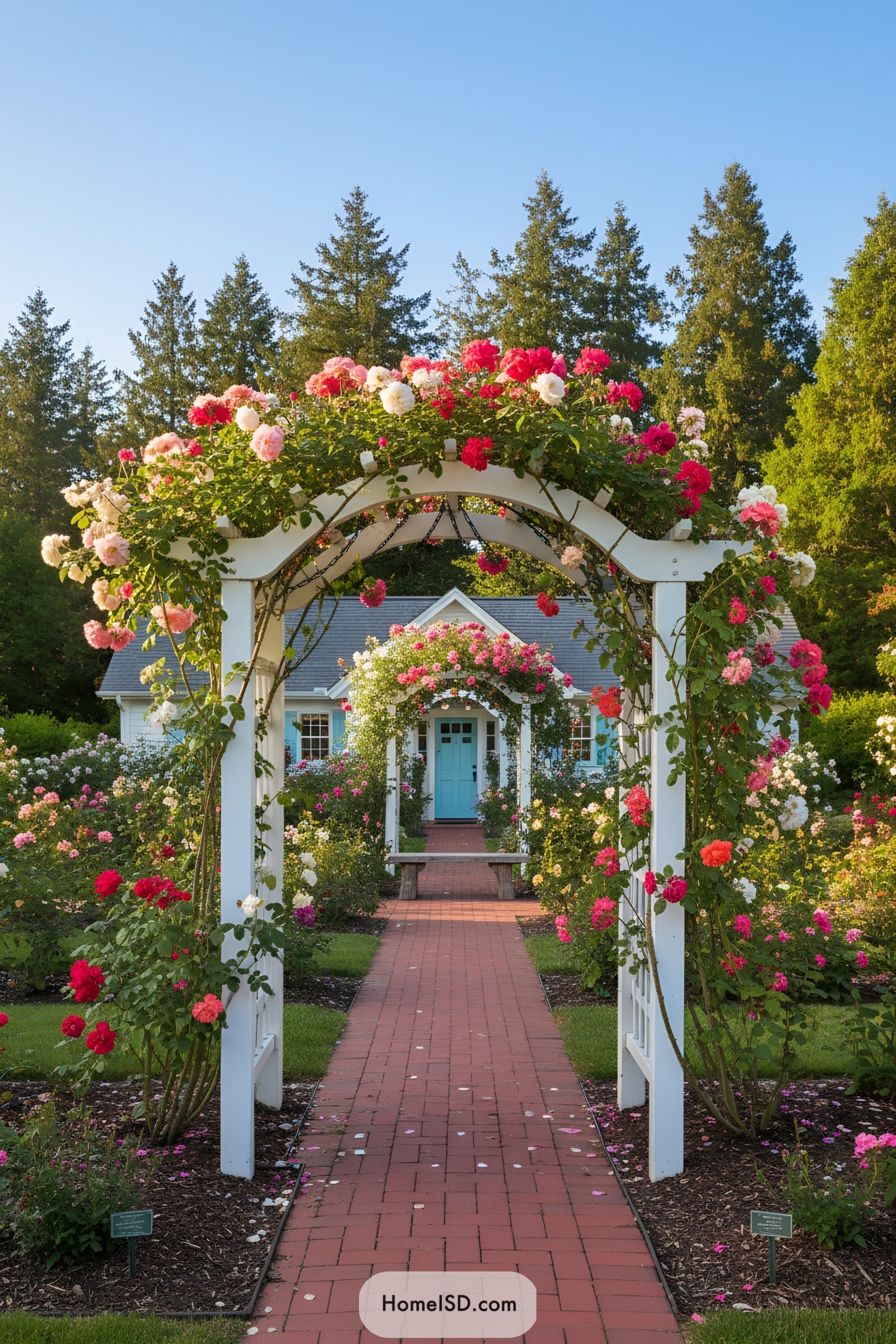 White garden arches draped in pink and red roses along a brick path leading to a blue-doored cottage