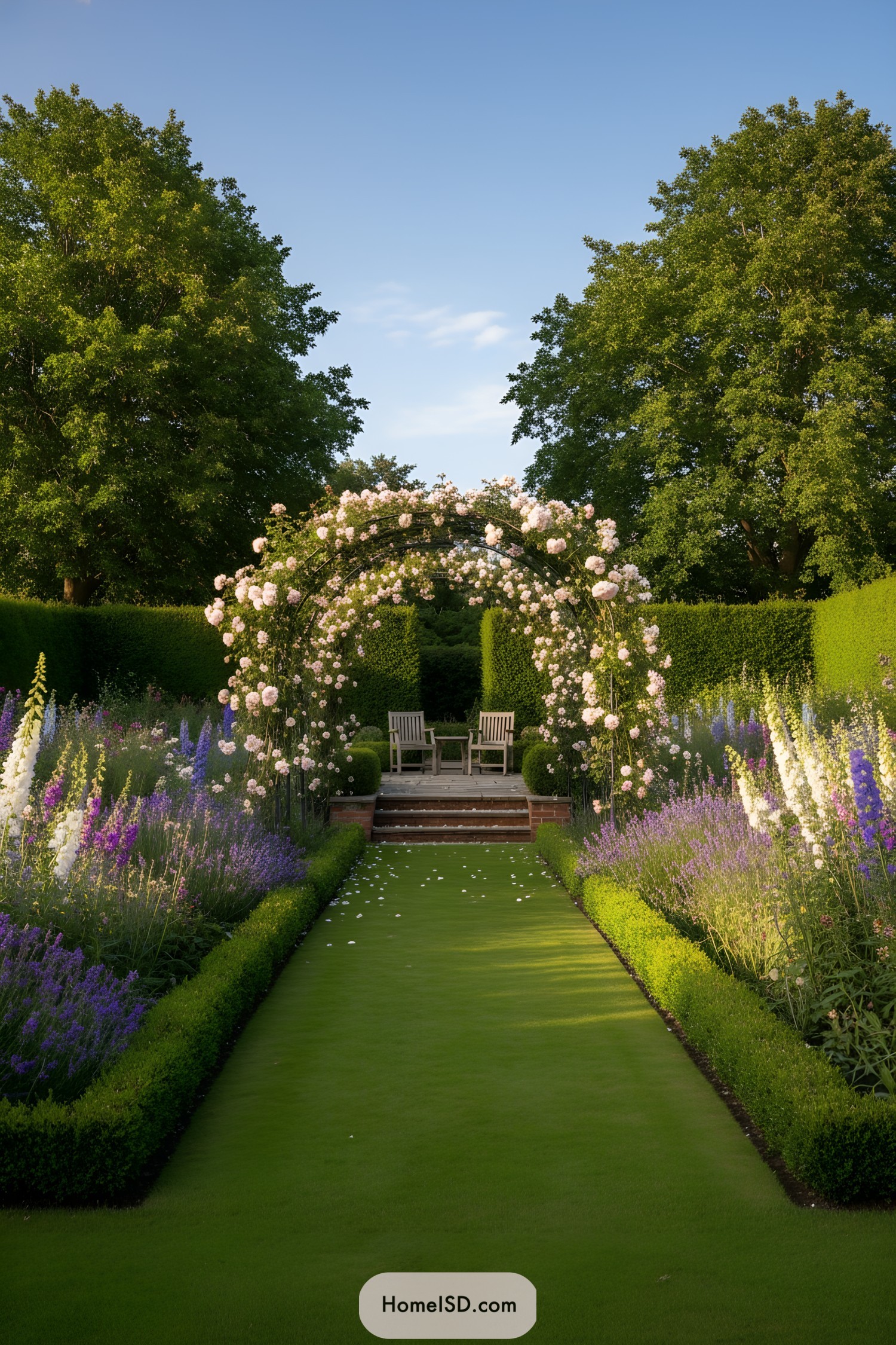 Arched rose trellis over lawn path to chairs