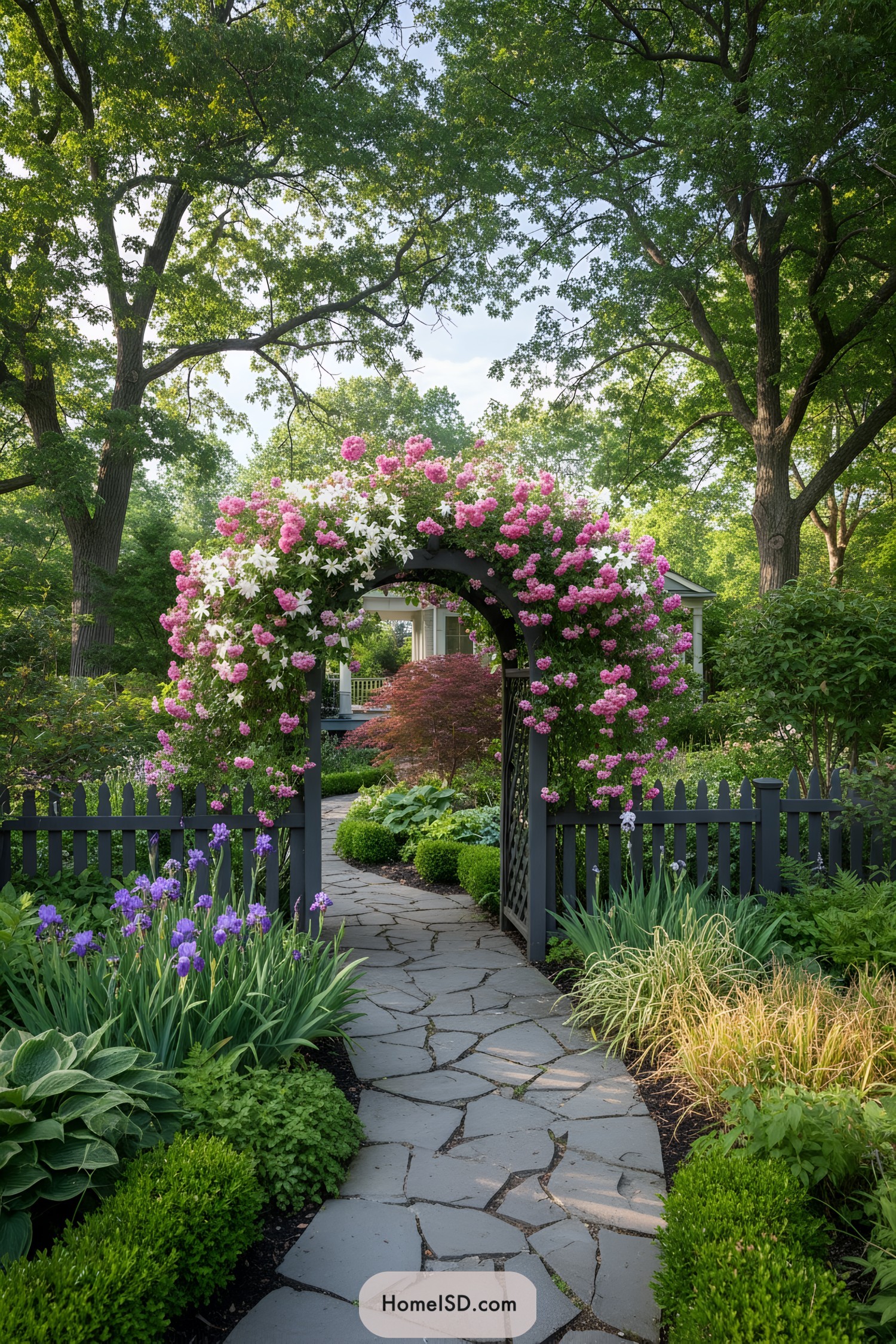 Black arbor covered in pink and white blooms over a flagstone path
