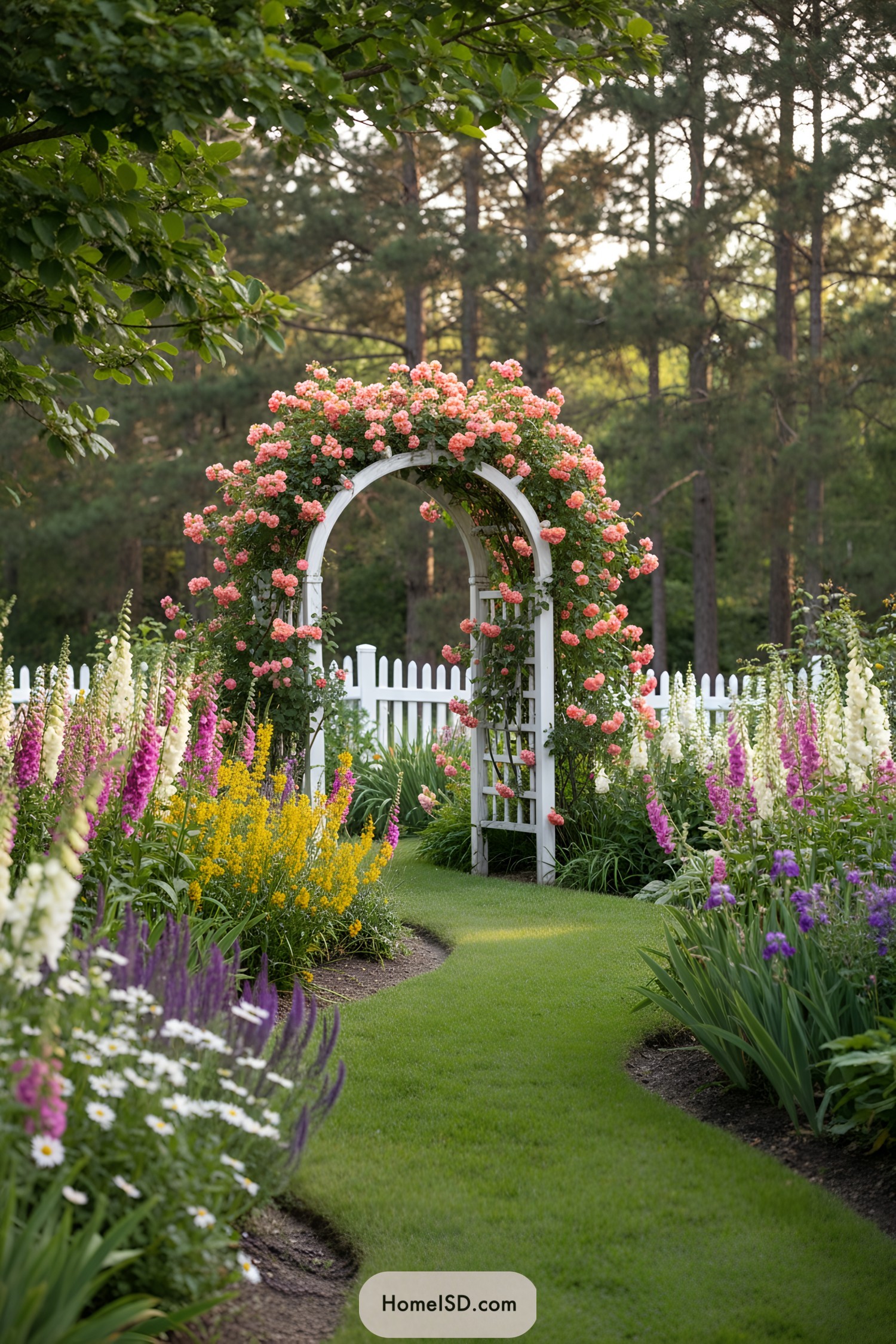 White garden arch draped in pink roses