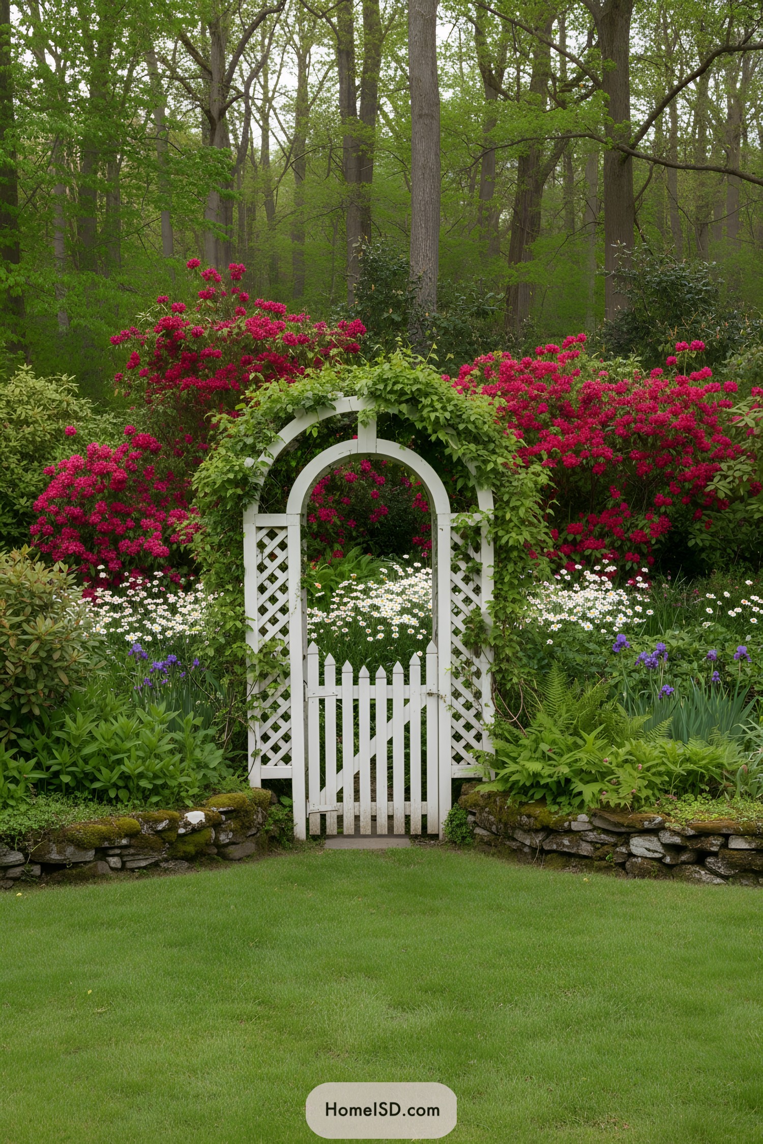White arbor gate with vines amid vibrant blooms