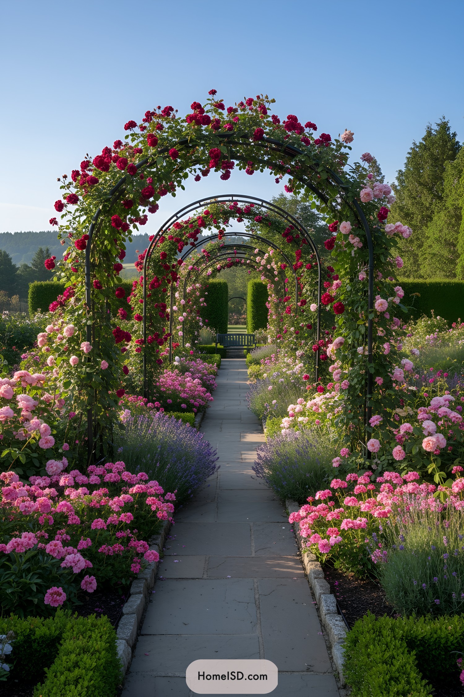 Rose-covered metal arches over stone path
