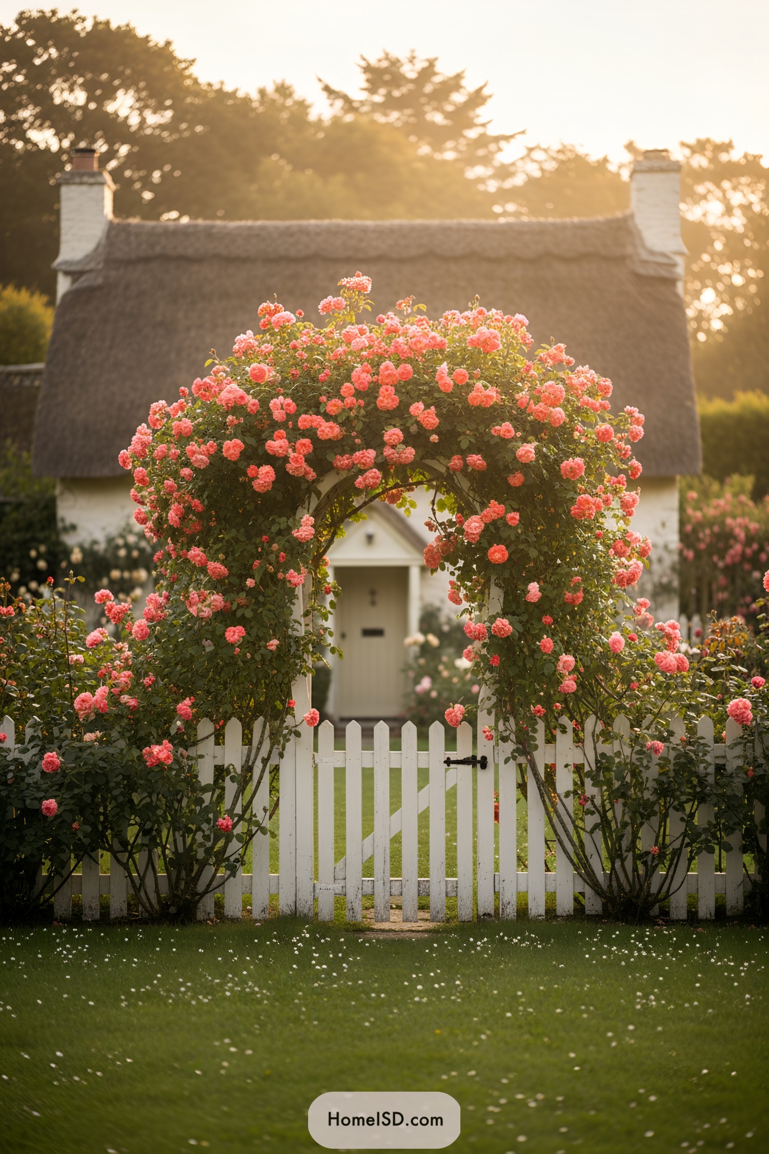 Pink rose arch over white picket gate