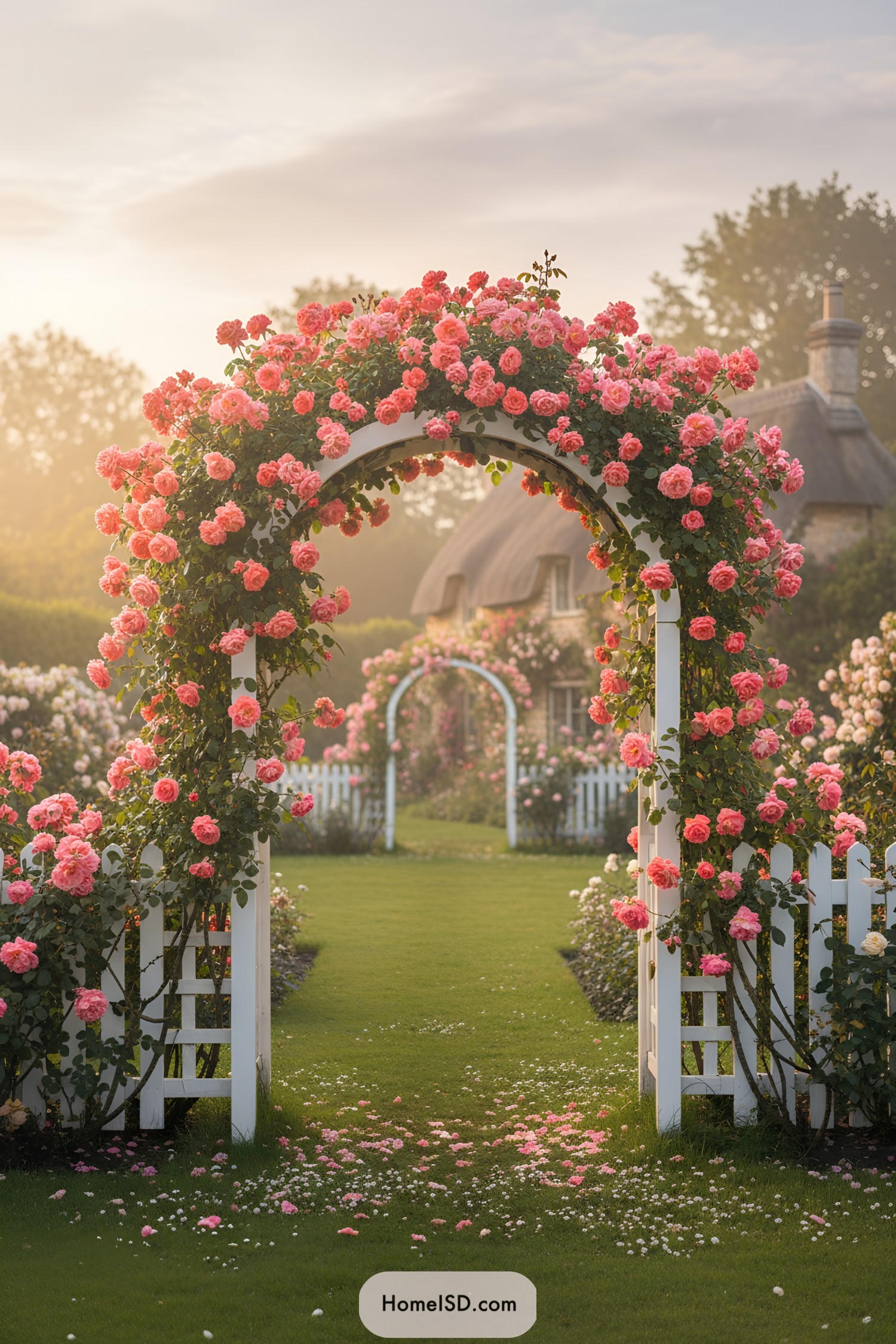 White arch covered in pink roses by a cottage