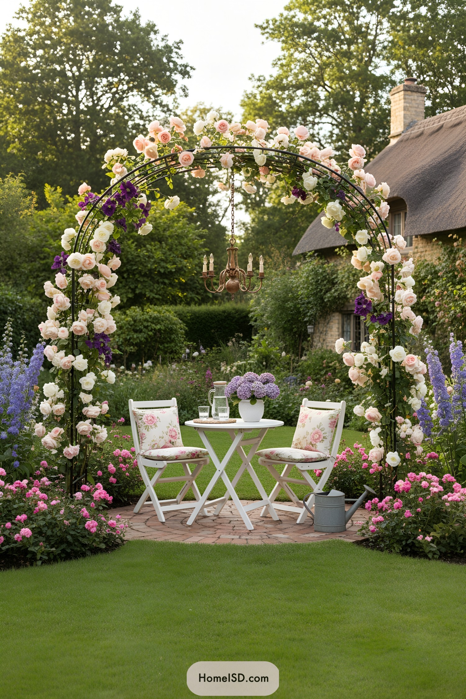 Metal arch draped in pastel roses over bistro set