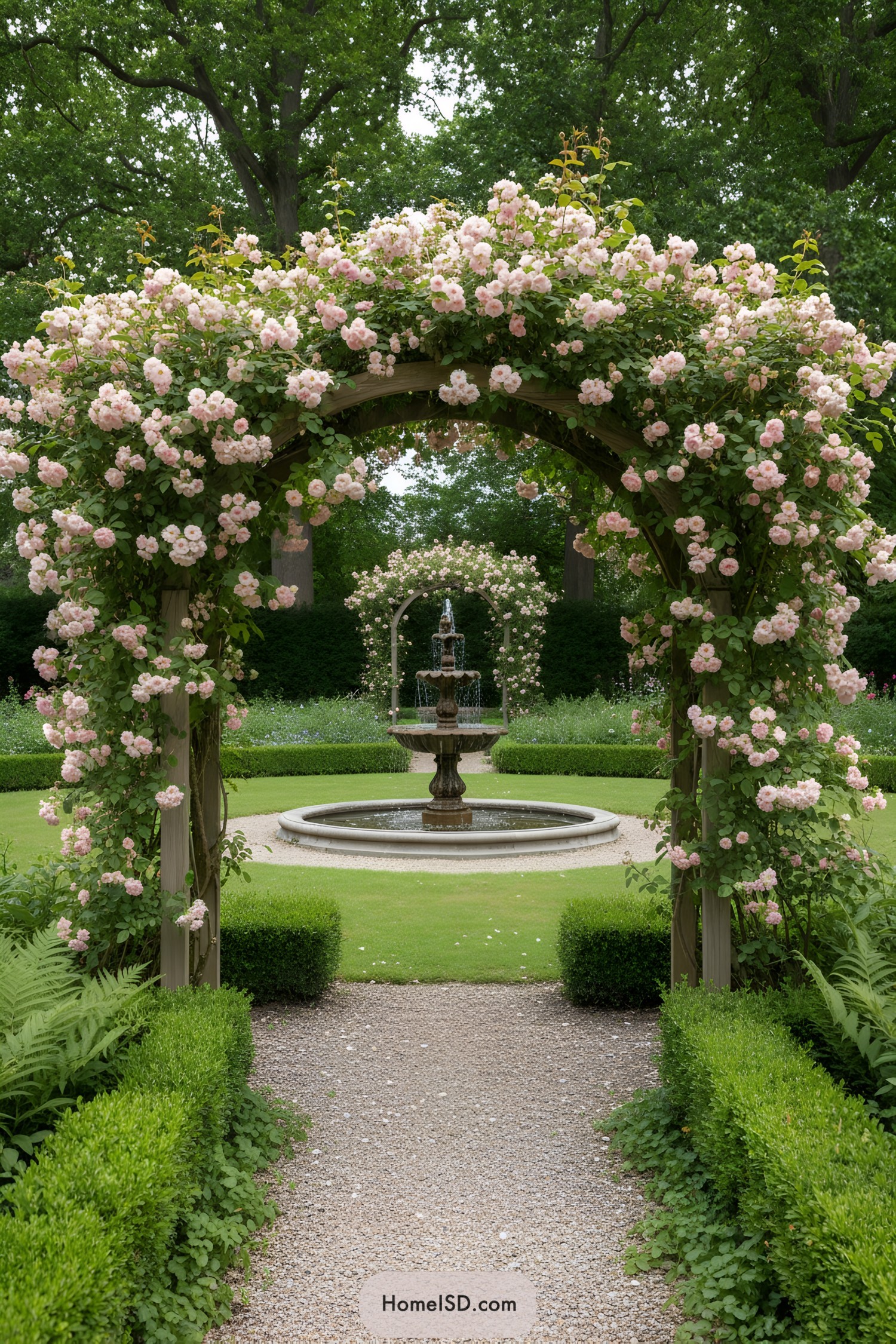 Pink rose arch framing a tiered fountain