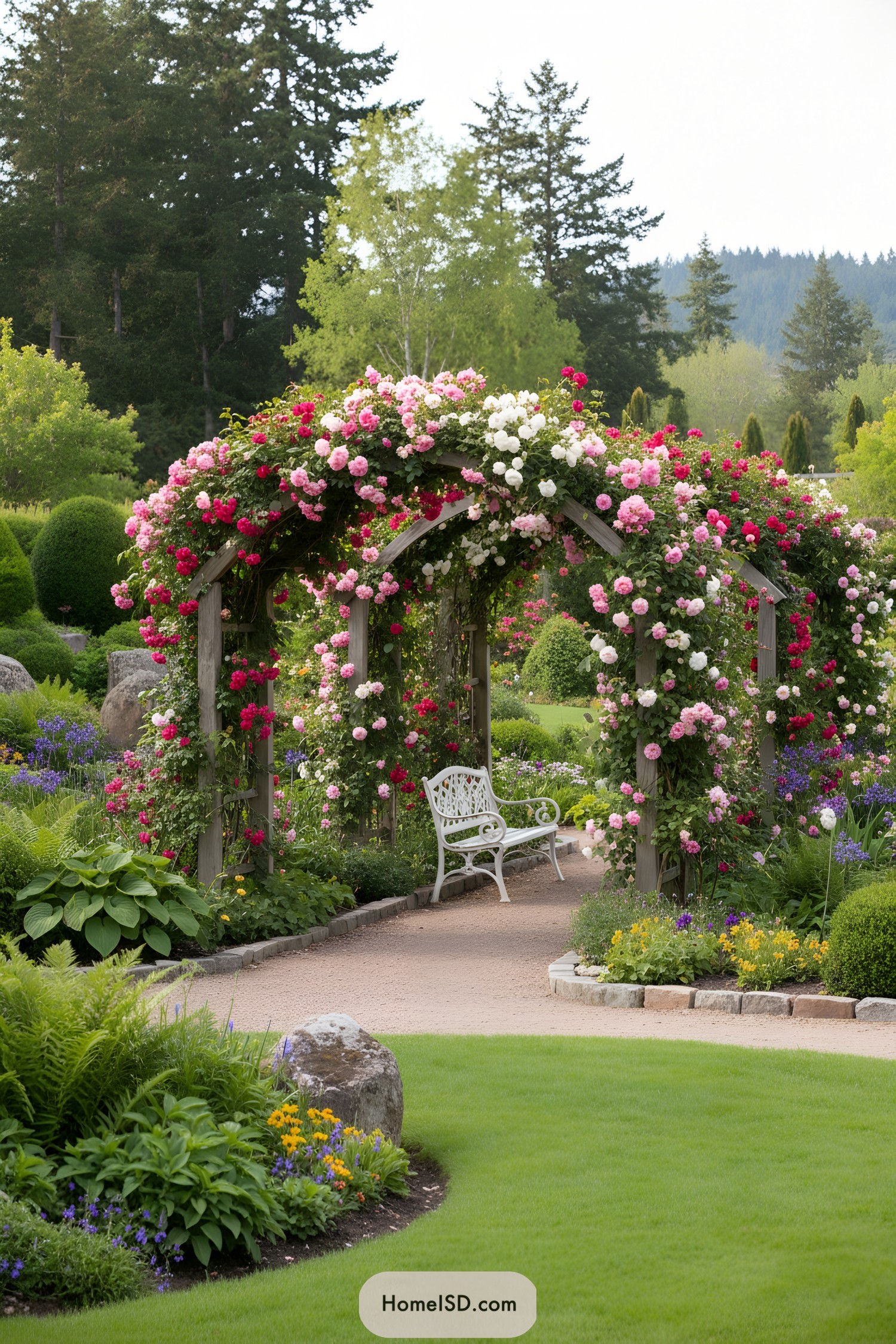 Arched trellis covered in pink and white roses with a bench beneath