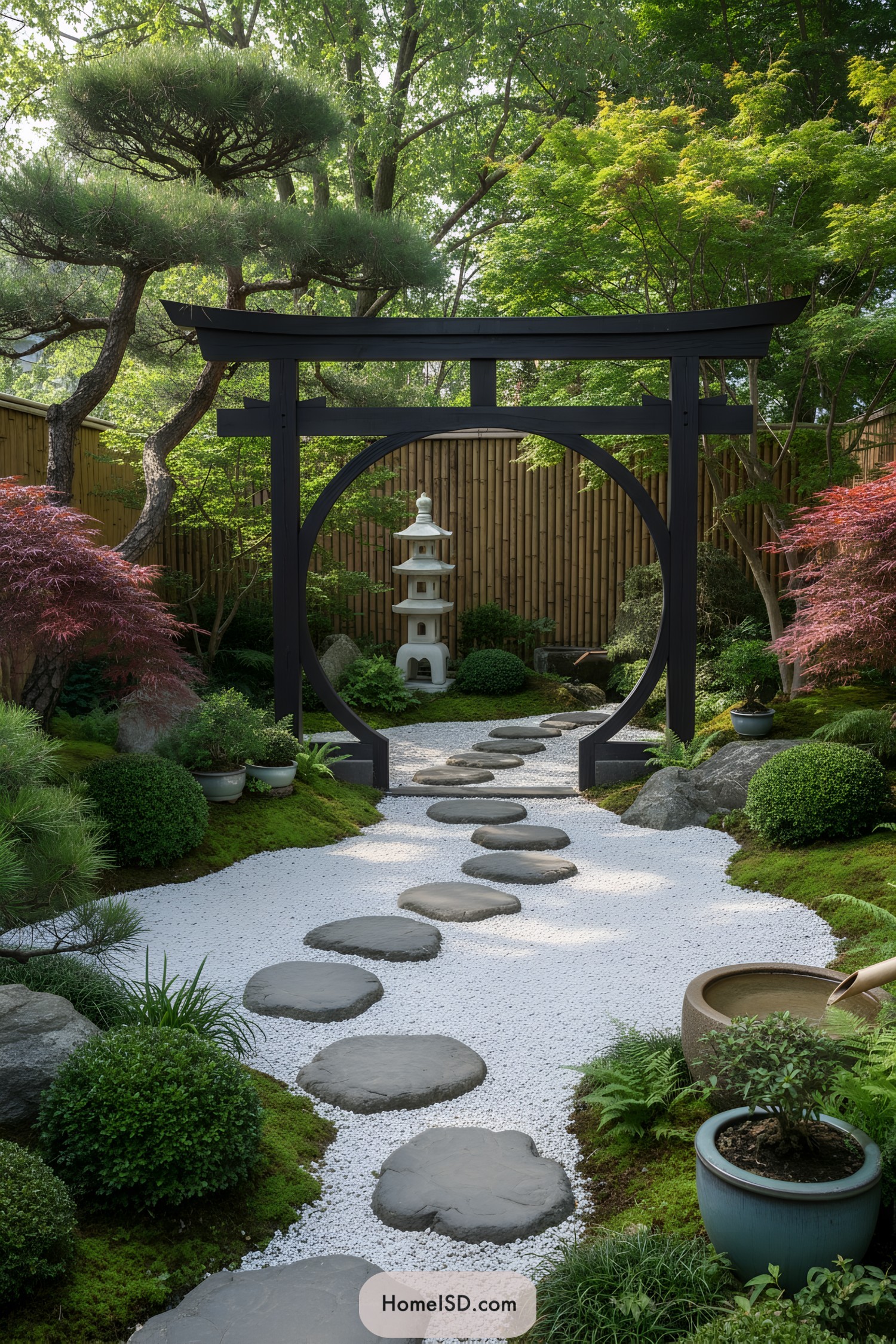 Black torii moon gate with stepping stones and white gravel garden
