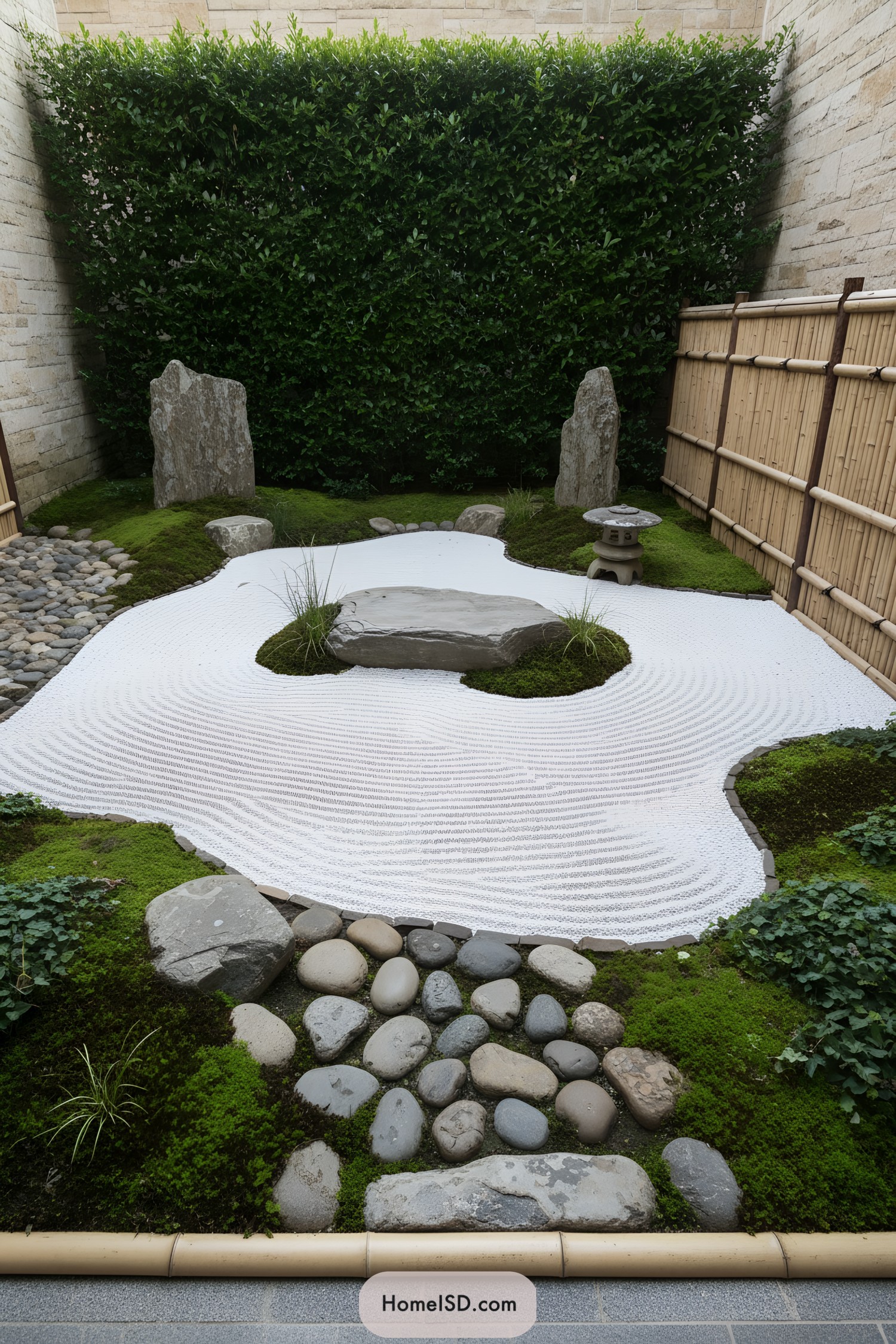 Compact raked gravel garden with moss mounds, standing stones, and a bamboo fence
