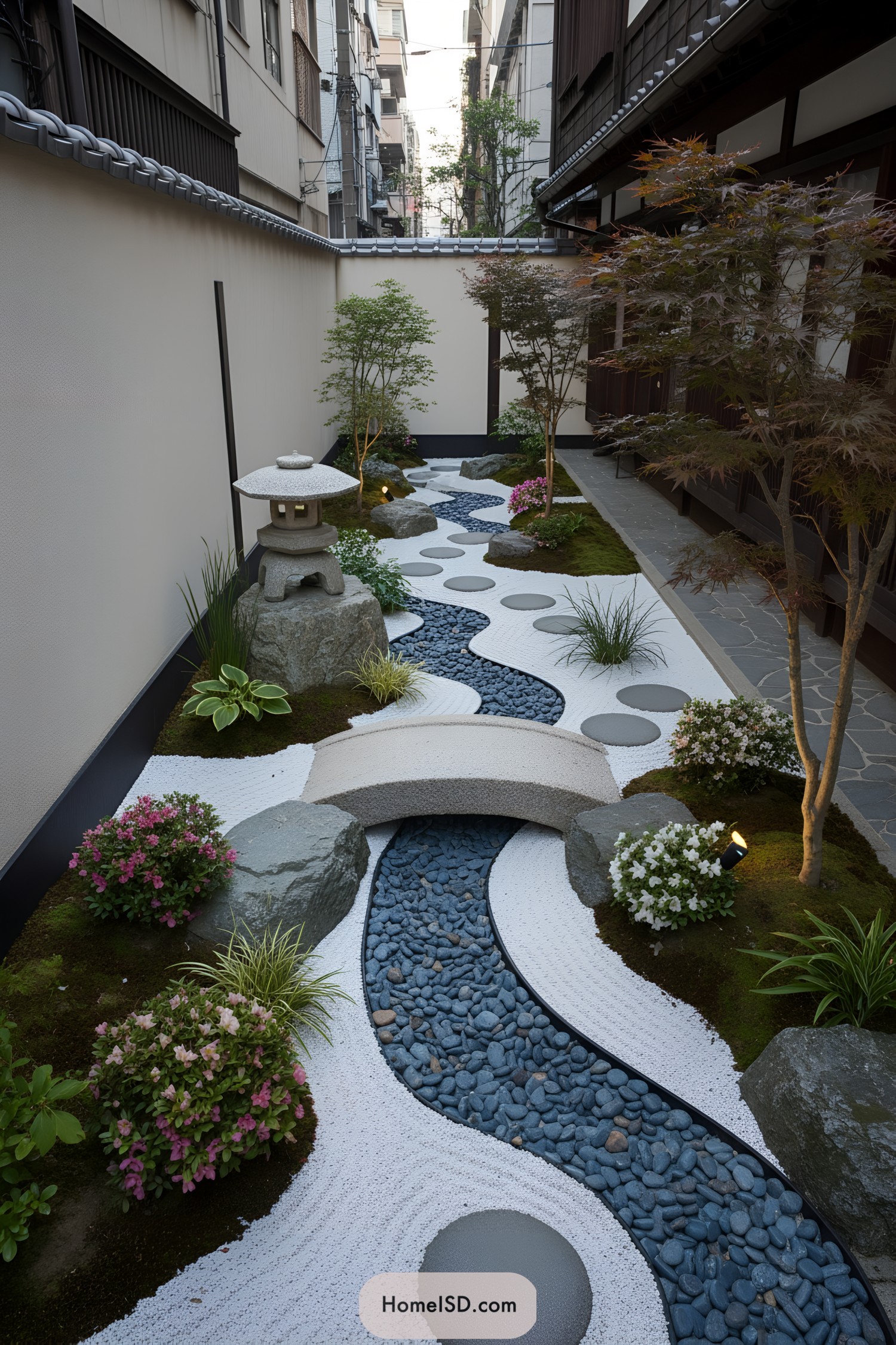 Narrow Japanese courtyard with raked gravel, pebble stream, stone bridge, lantern, and plant mounds