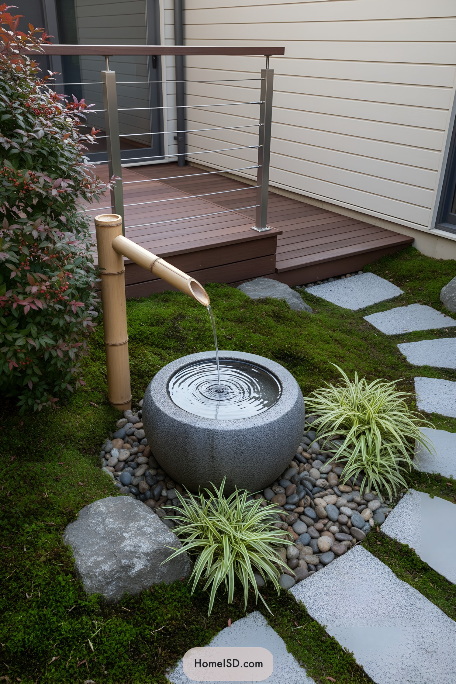 Small tsukubai fountain with bamboo spout, moss, pebbles, and stepping stones beside a deck