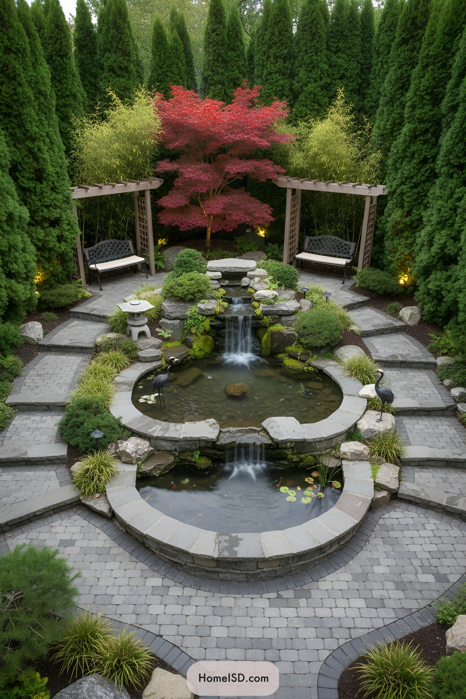 Small koi pond with tiered waterfall, curved stone paths, pergola benches, and a red maple backdrop