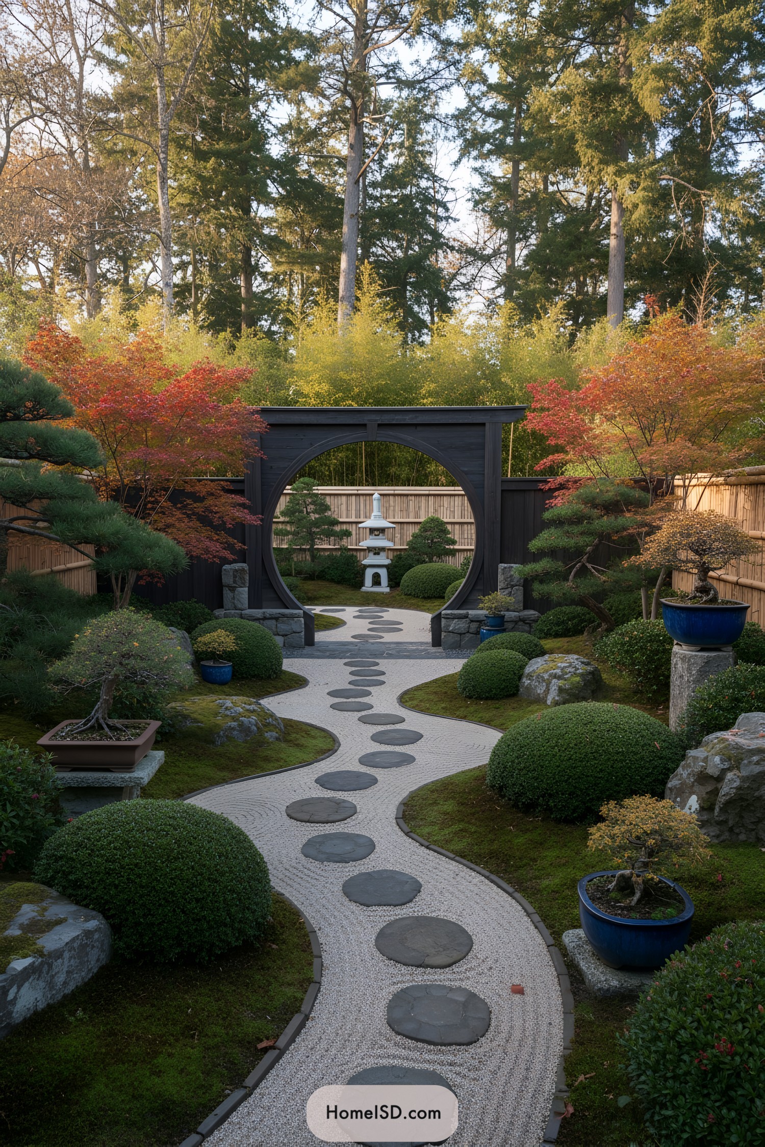 Curving pebble path with moon gate, lantern, and manicured shrubs