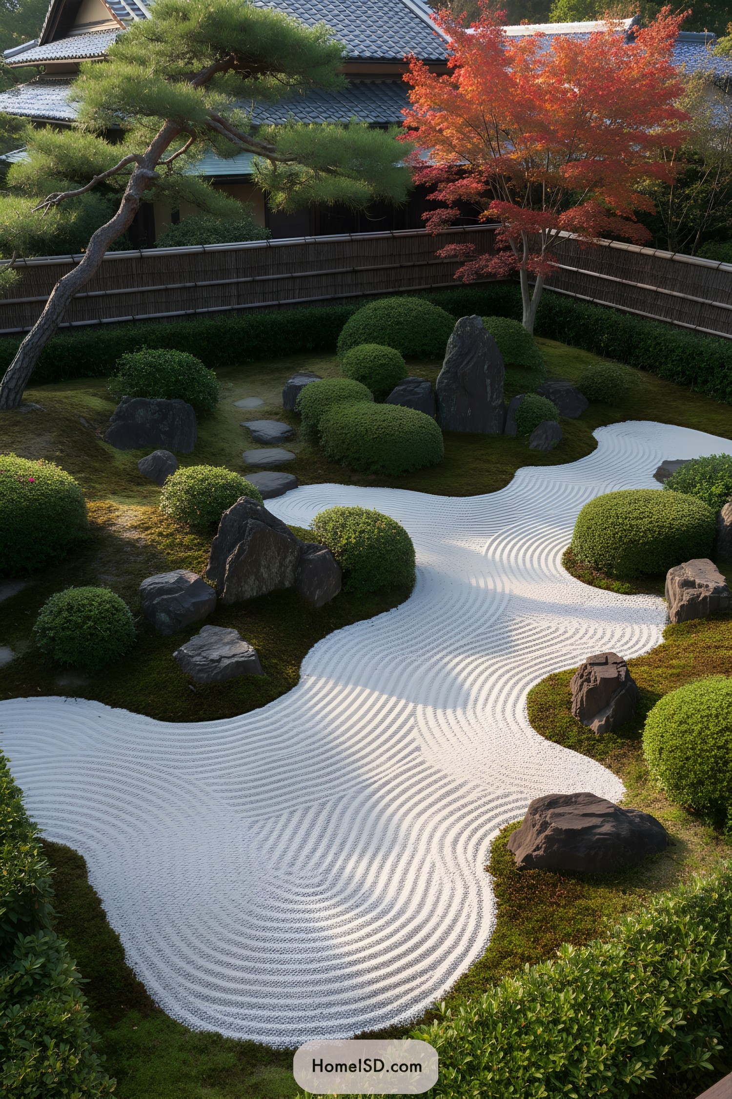 Curved raked gravel with rocks and shrubs