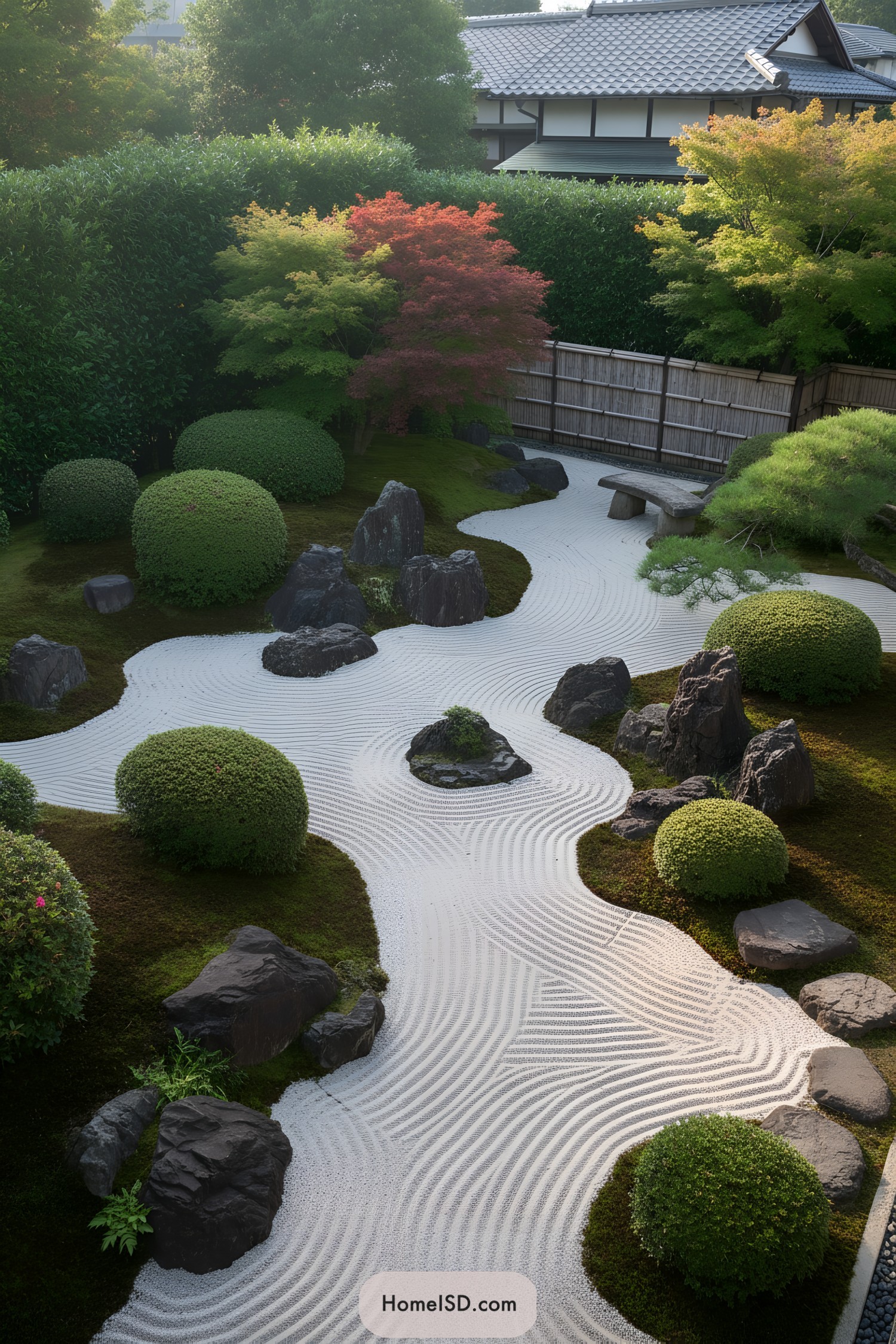 Curved raked gravel with rocks and pruned shrubs