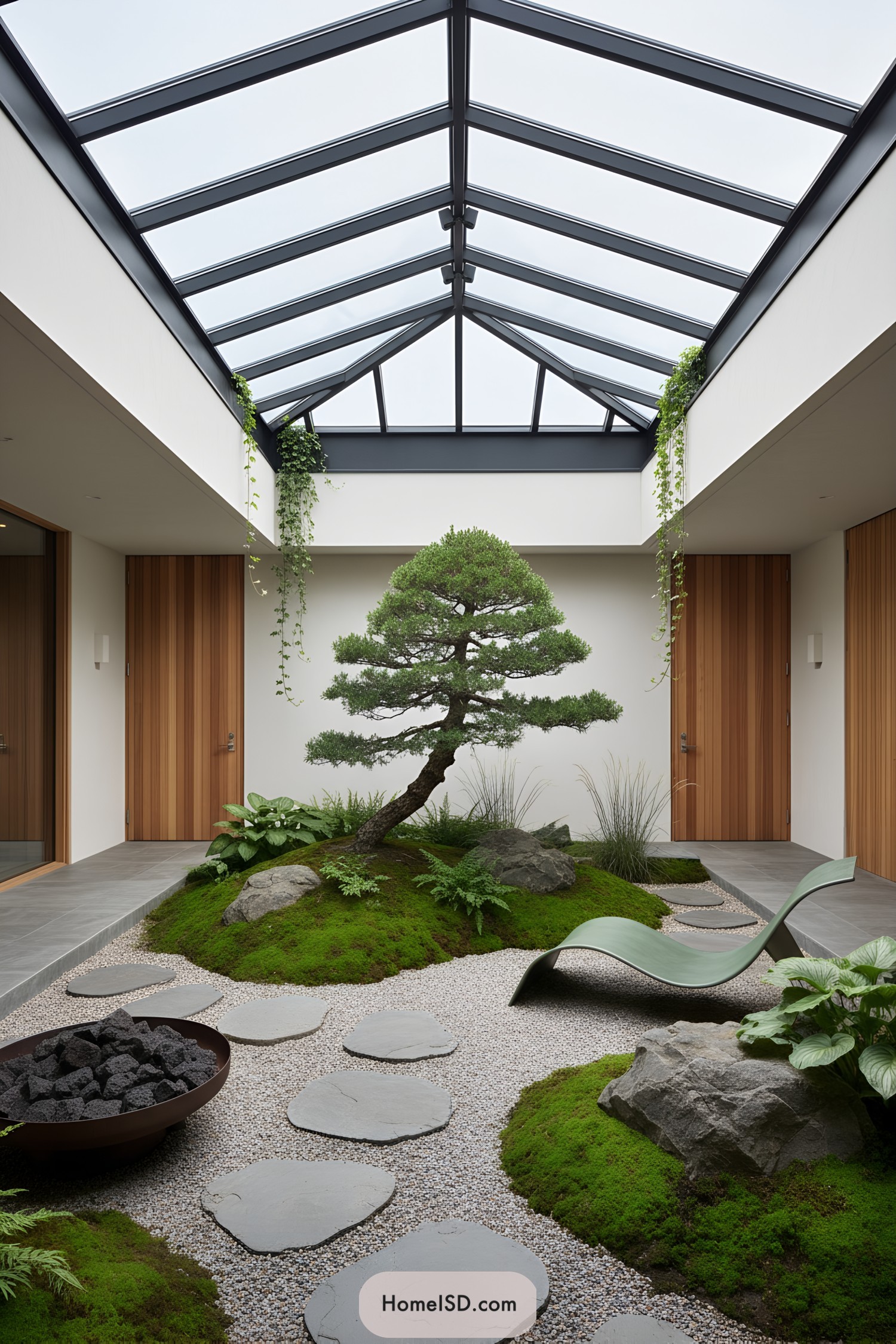 Minimalist courtyard with bonsai on moss and pebble path beneath a glass roof