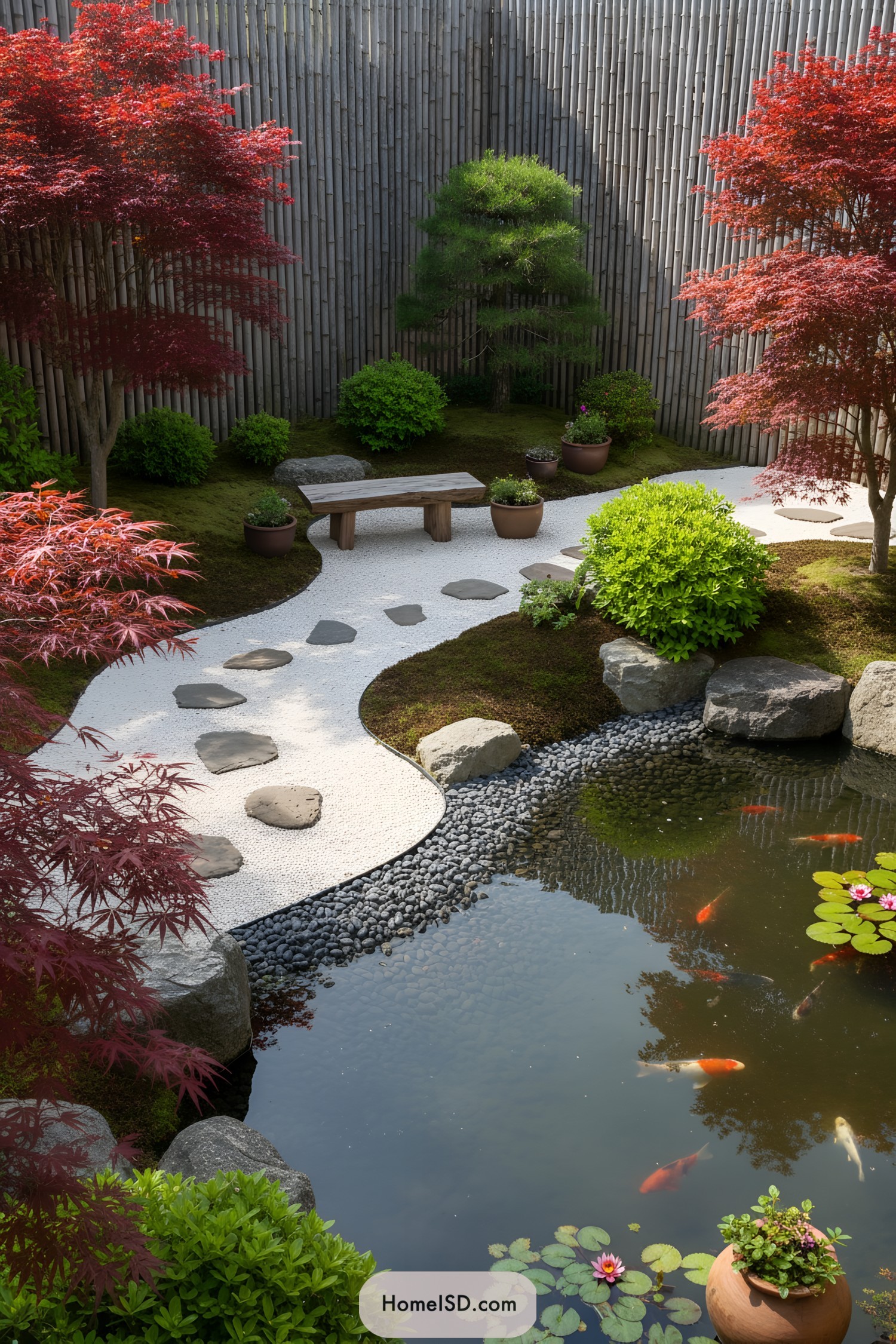 Curved gravel path, koi pond, and maples