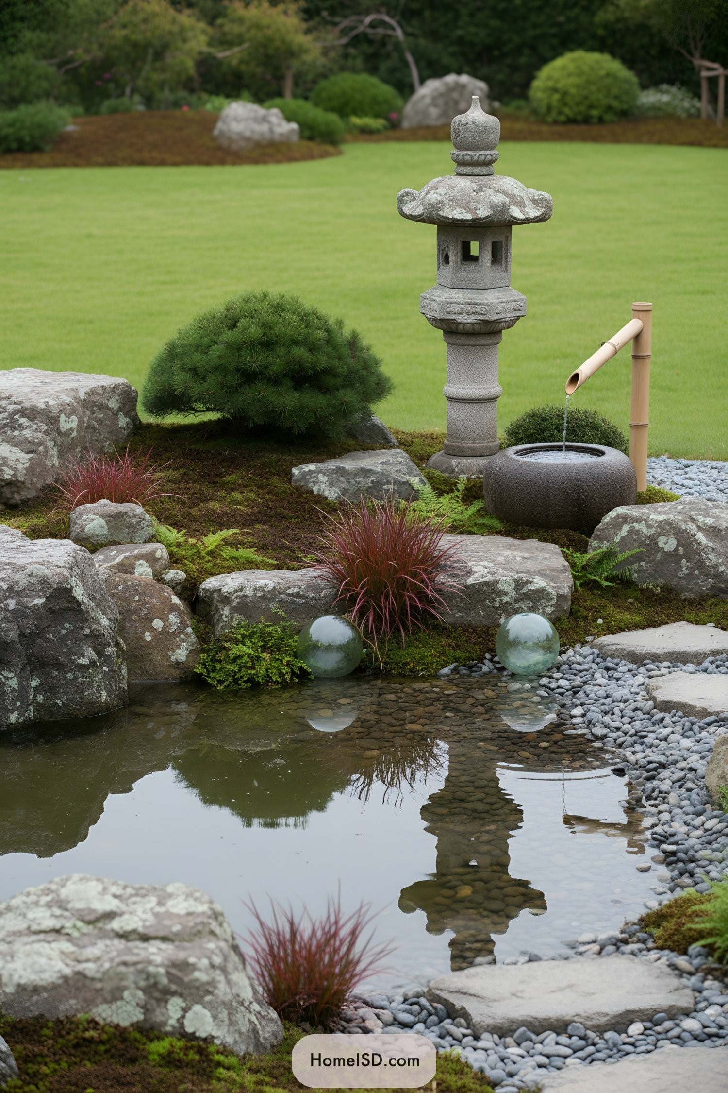 Stone lantern beside bamboo water feature