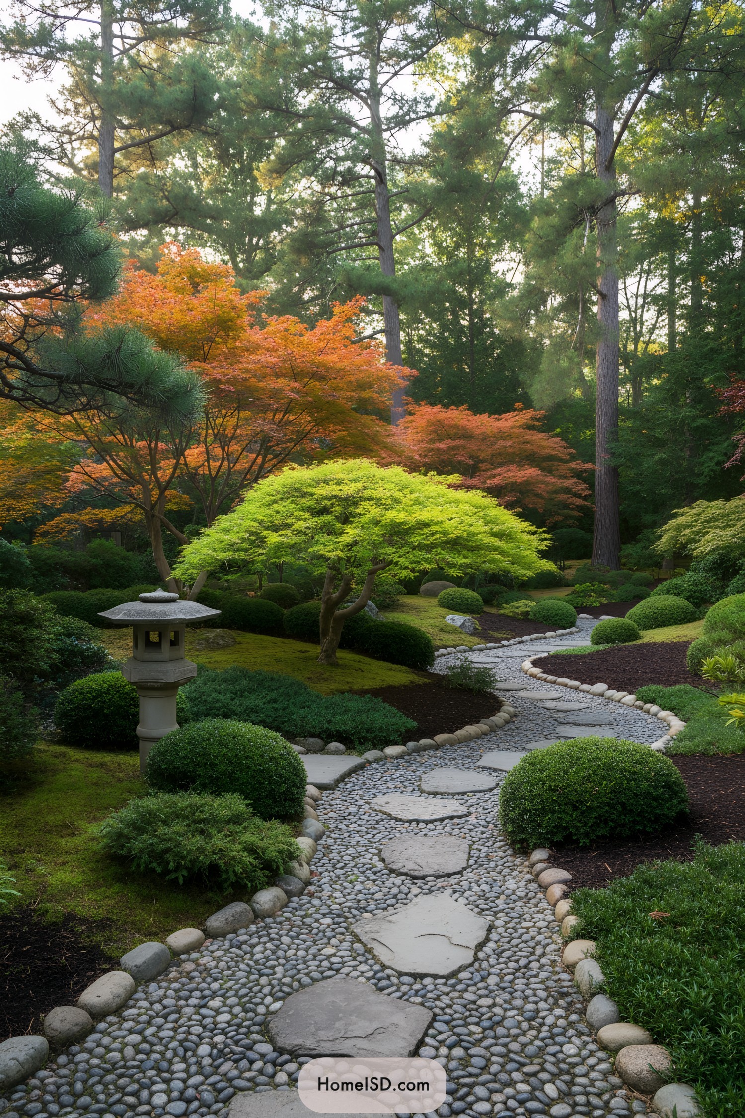 Curving pebble path through sculpted maples and lantern
