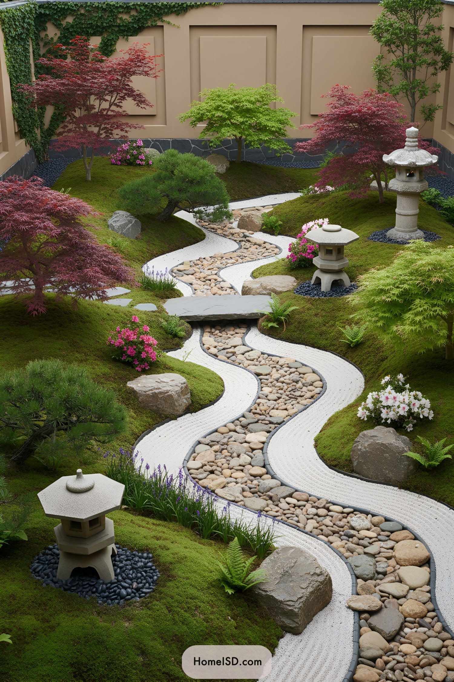 Curving raked gravel path with pebble stream, maples, moss mounds, and stone lanterns
