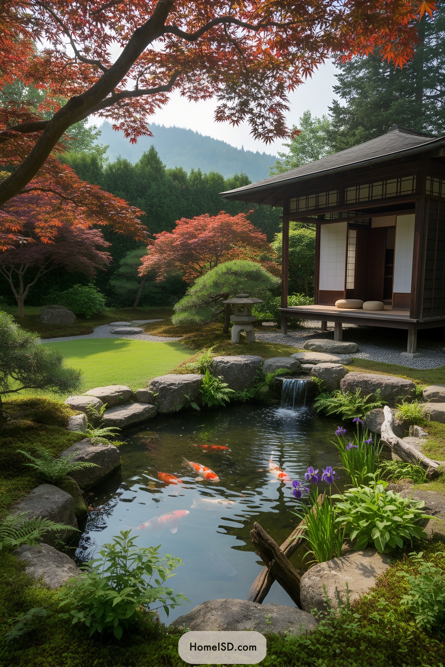 Koi pond beside pavilion with maples