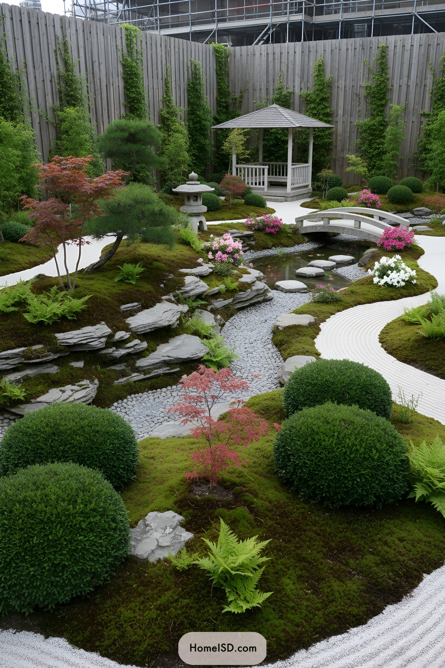 Zen garden with pavilion, arched bridge, raked gravel, moss mounds, and stone lantern