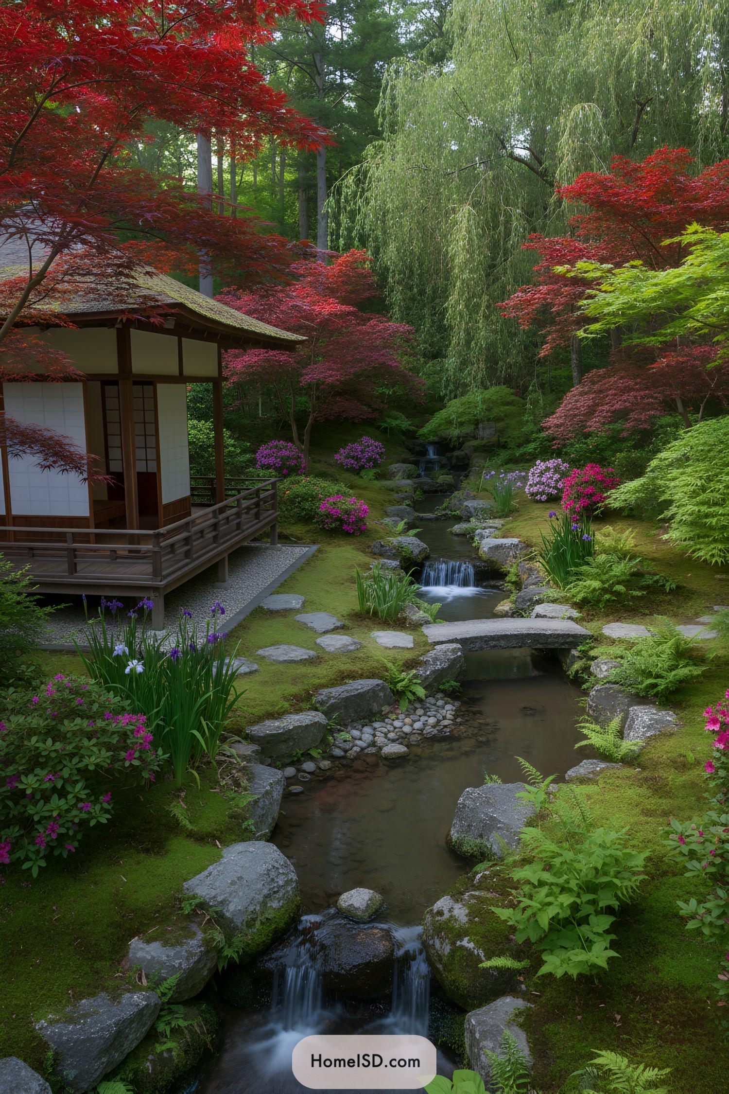 Stream, stone bridge, tea house, maples, azaleas