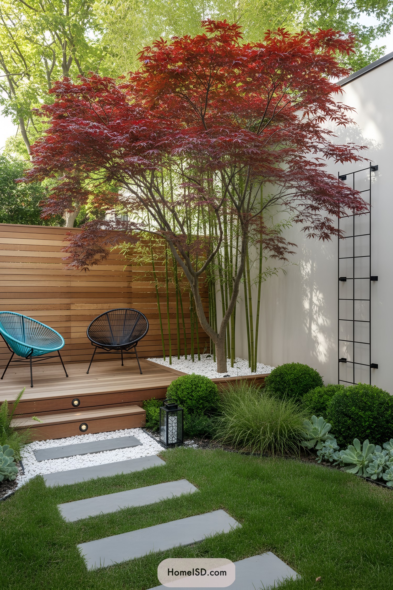 Modern patio with red maple, bamboo, and stepping stones
