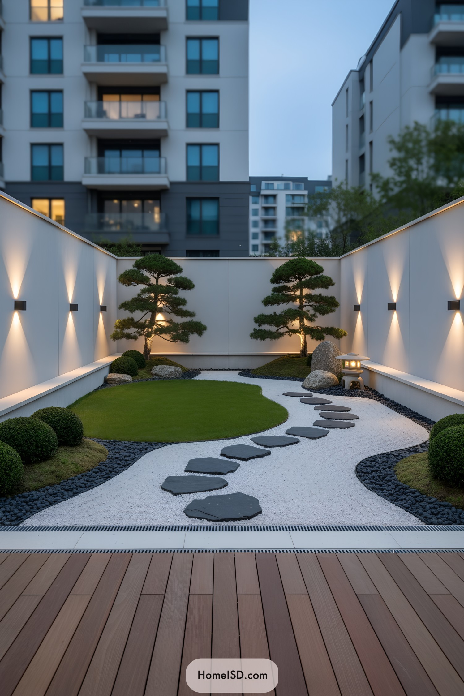 Minimalist Japanese courtyard with raked gravel, stepping stones, and pruned pines
