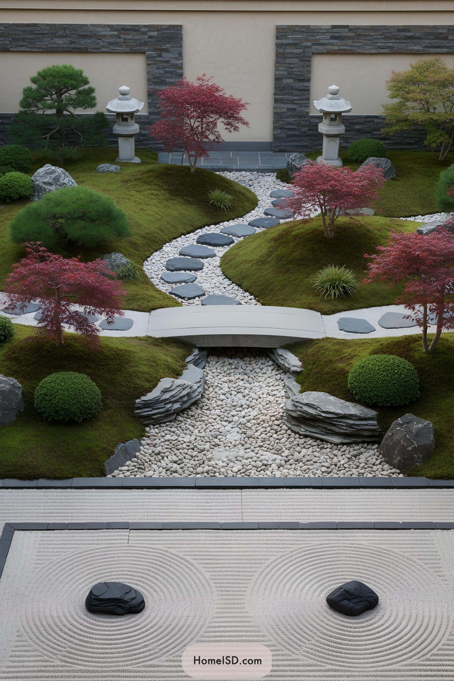 Curving pebble stream with bridge, lanterns, moss mounds, and raked sand foreground