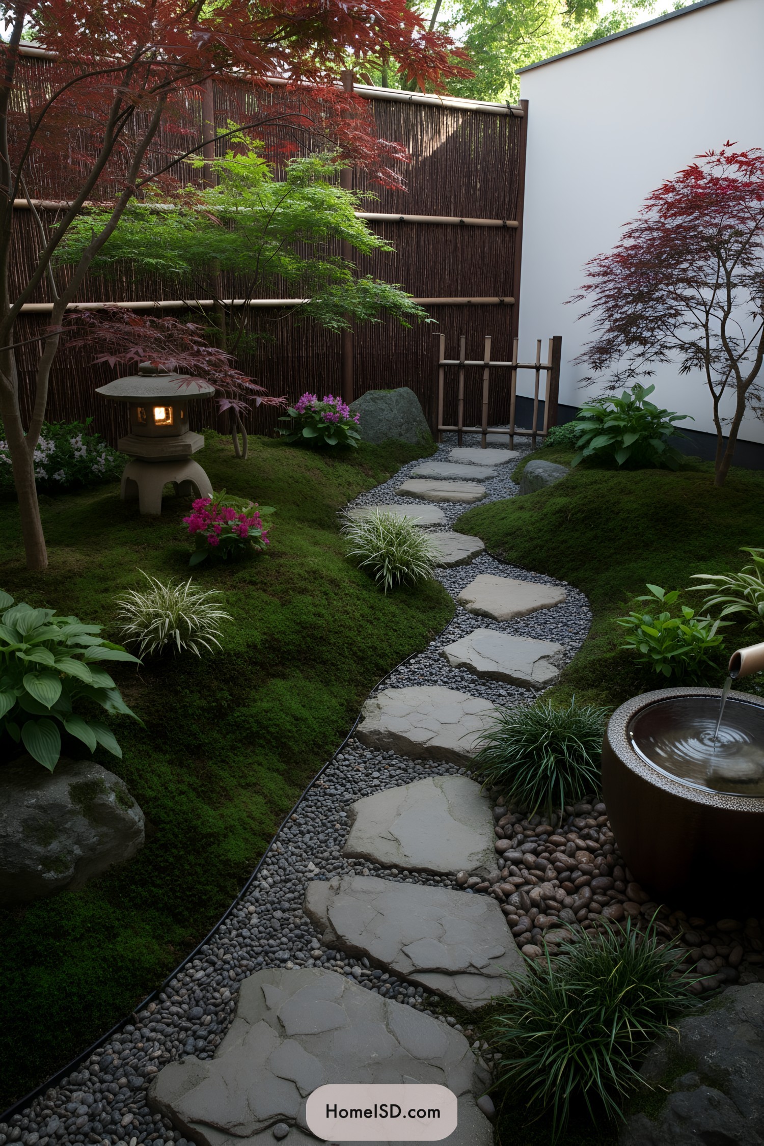 Stepping-stone path through moss garden with lantern and bamboo fountain