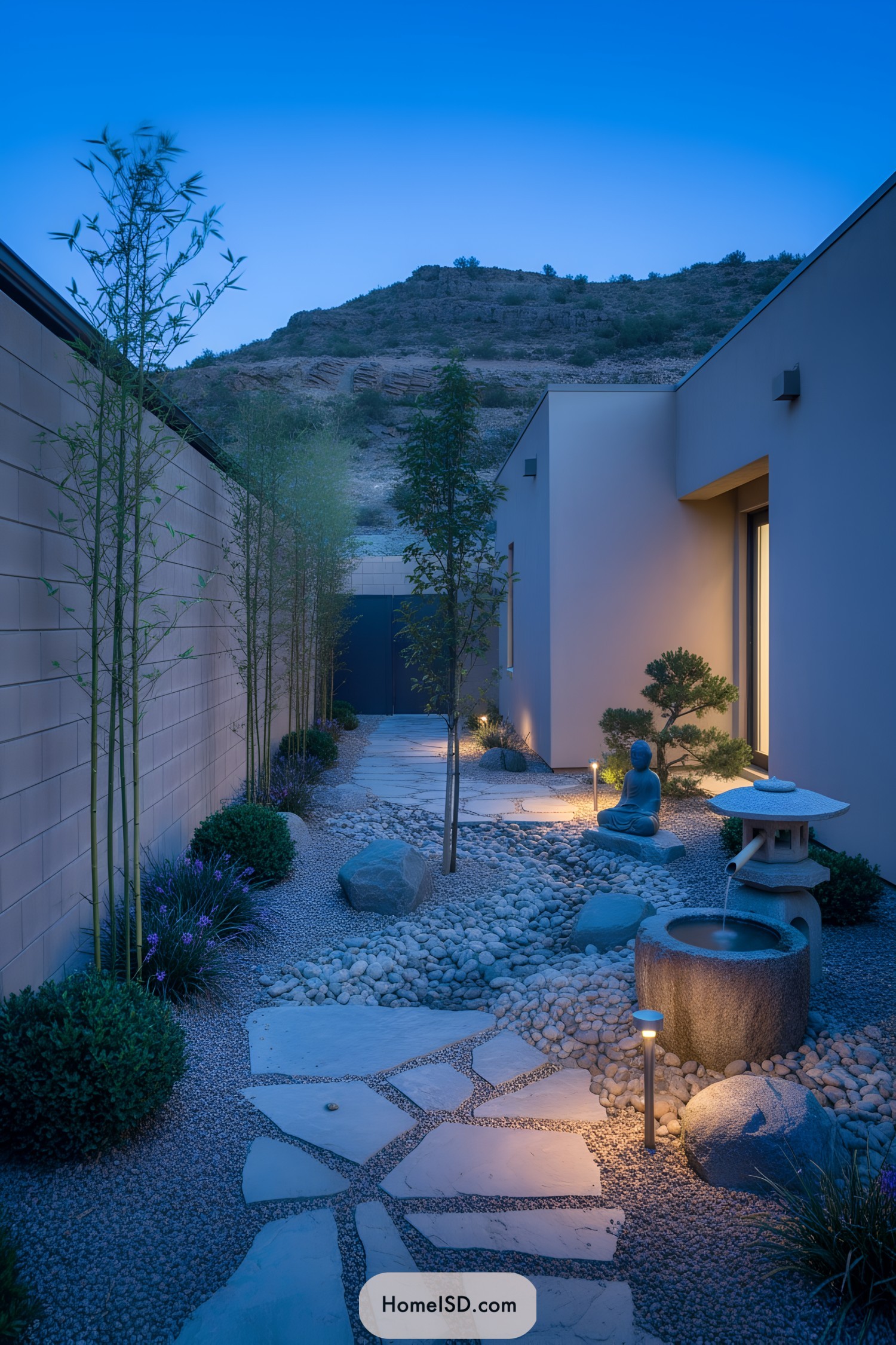 Modern zen courtyard with stone path, pebbles, bamboo, and a water basin softly lit at dusk