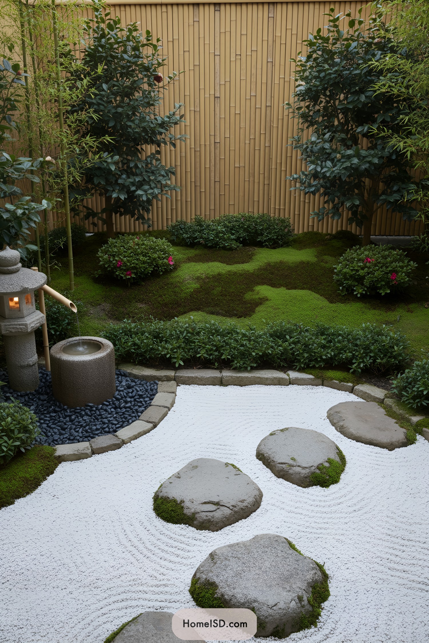 Zen courtyard with raked gravel, stones, and bamboo