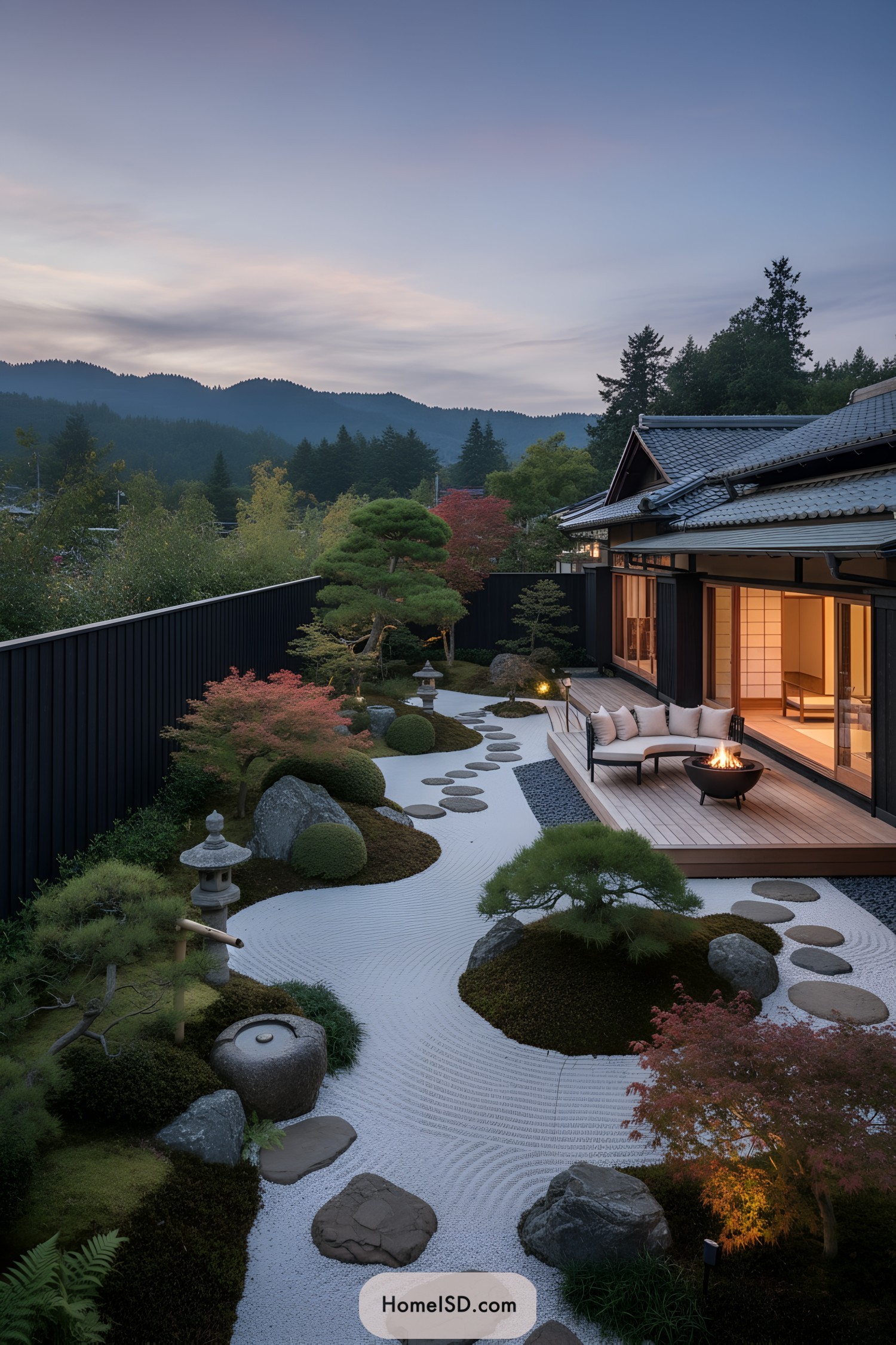 Zen garden with raked gravel, stepping stones, and lanterns beside a wooden deck with a fire bowl