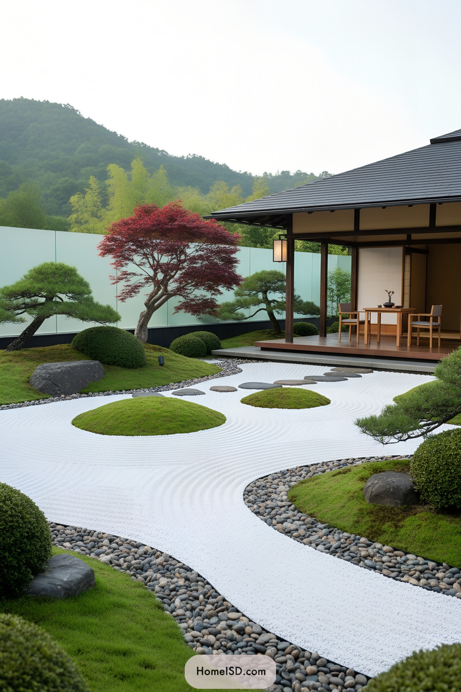 Raked white gravel with moss mounds, stepping stones, and a maple beside a tea pavilion