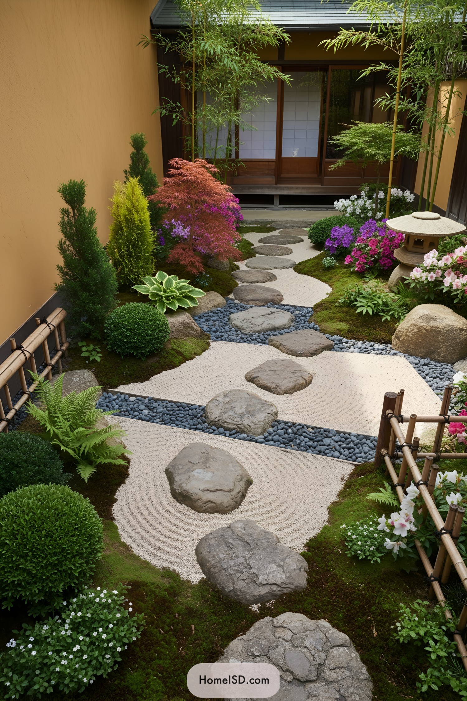 Zen courtyard with raked gravel, stepping stones, bamboo, and blooms