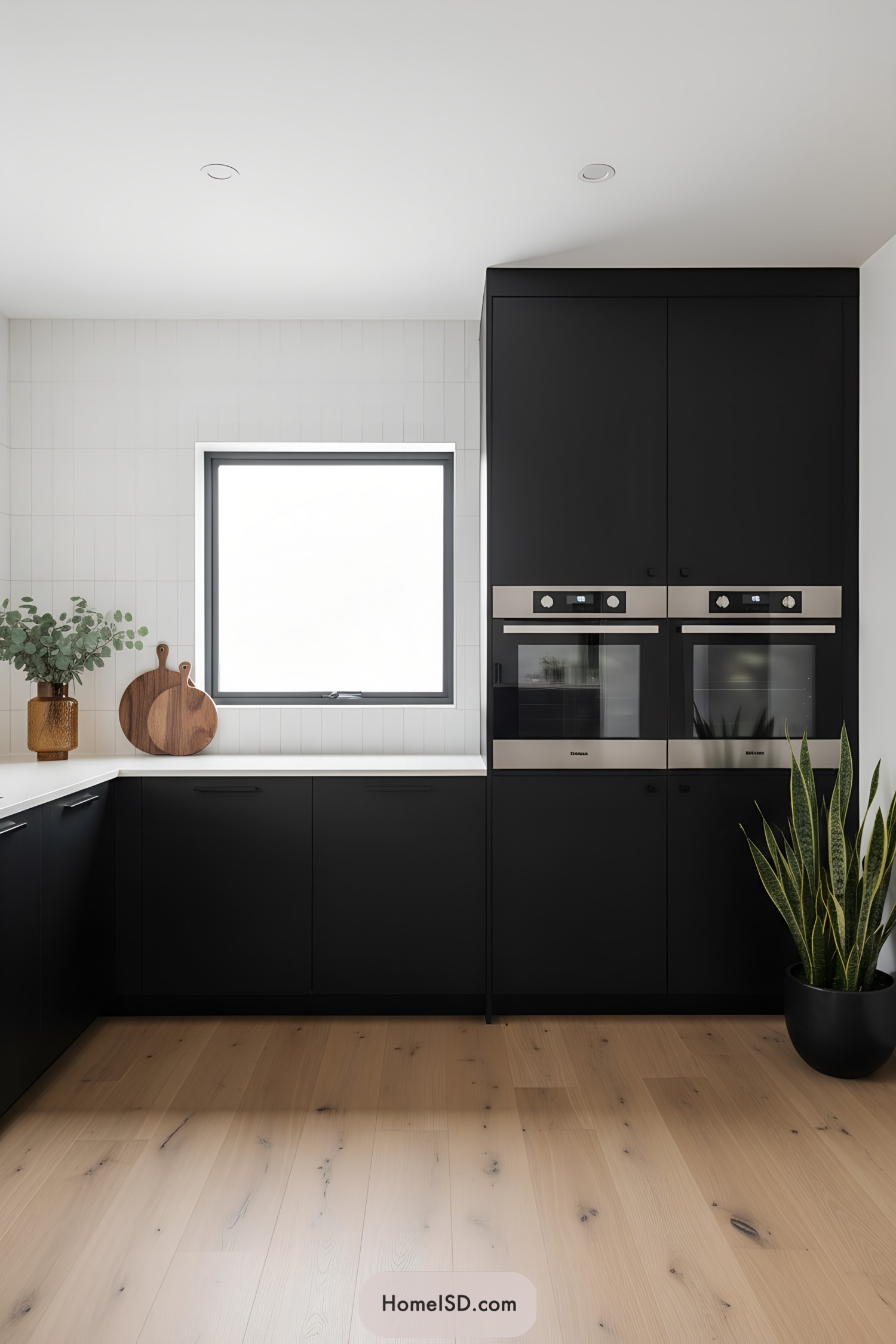 Black cabinets, black hardware, light wood floor