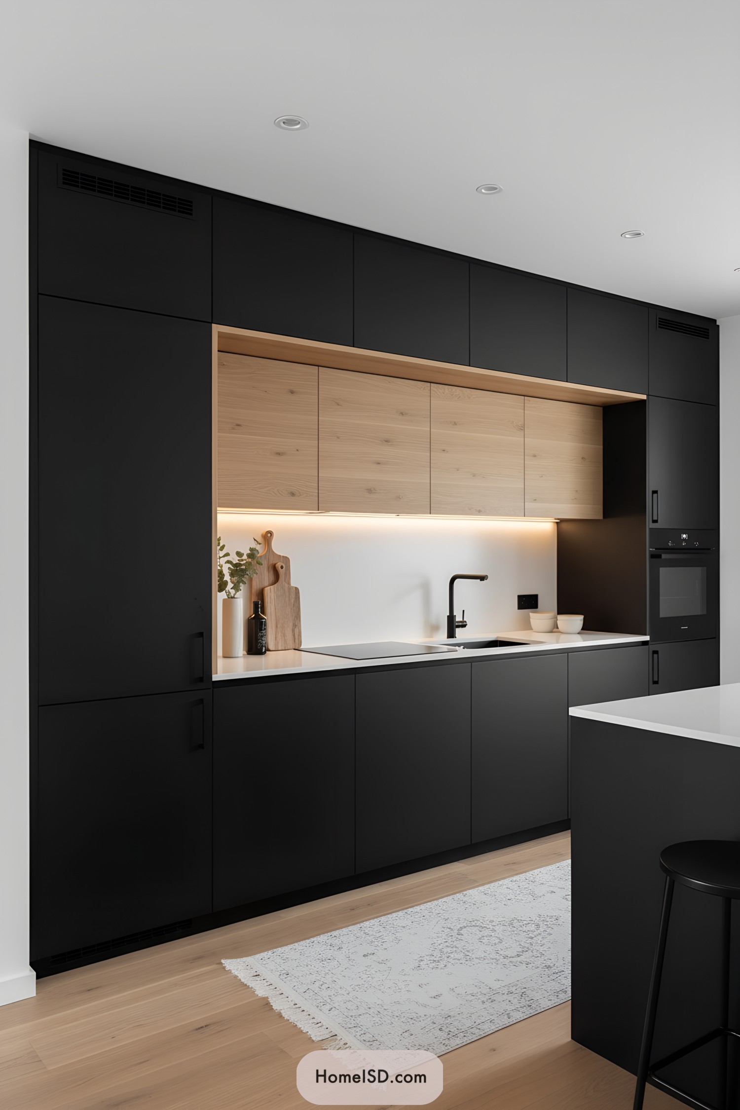 Black matte cabinets with wood uppers and soft lighting