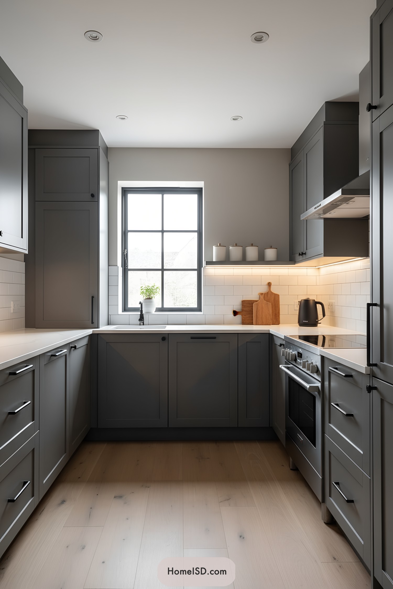 Black-cabinet kitchen with window and subway tiles