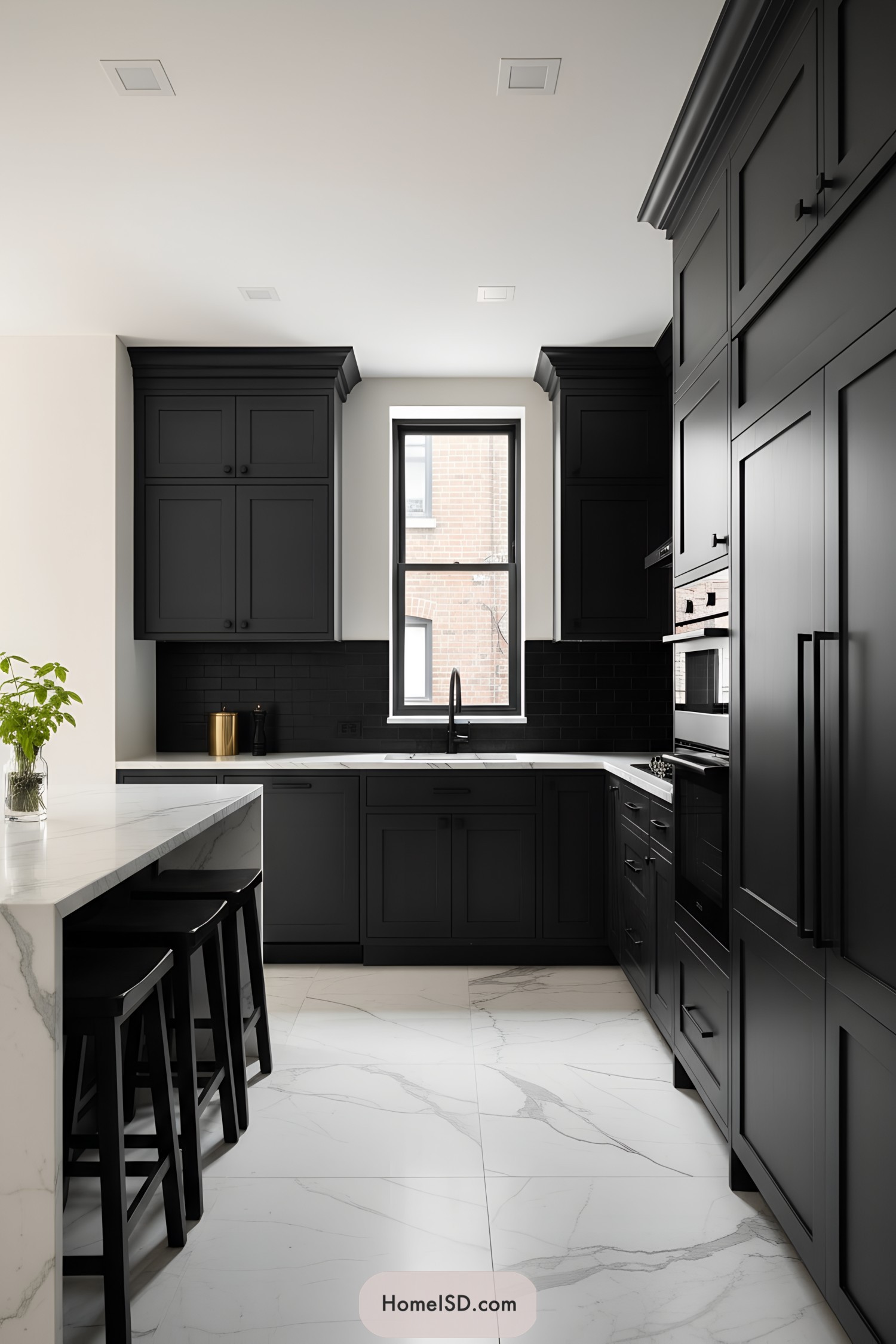 Black shaker kitchen with marble counters and floor, centered window, and integrated appliances